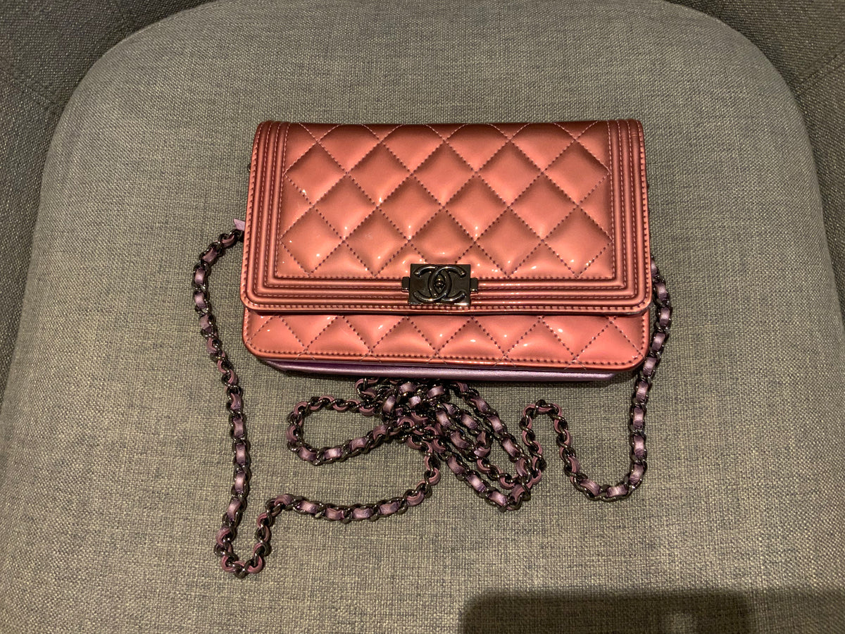 CHANEL Metallic Pink Quilted Patent Leather Boy Flap Bag WOC Wallet on Chain ladies