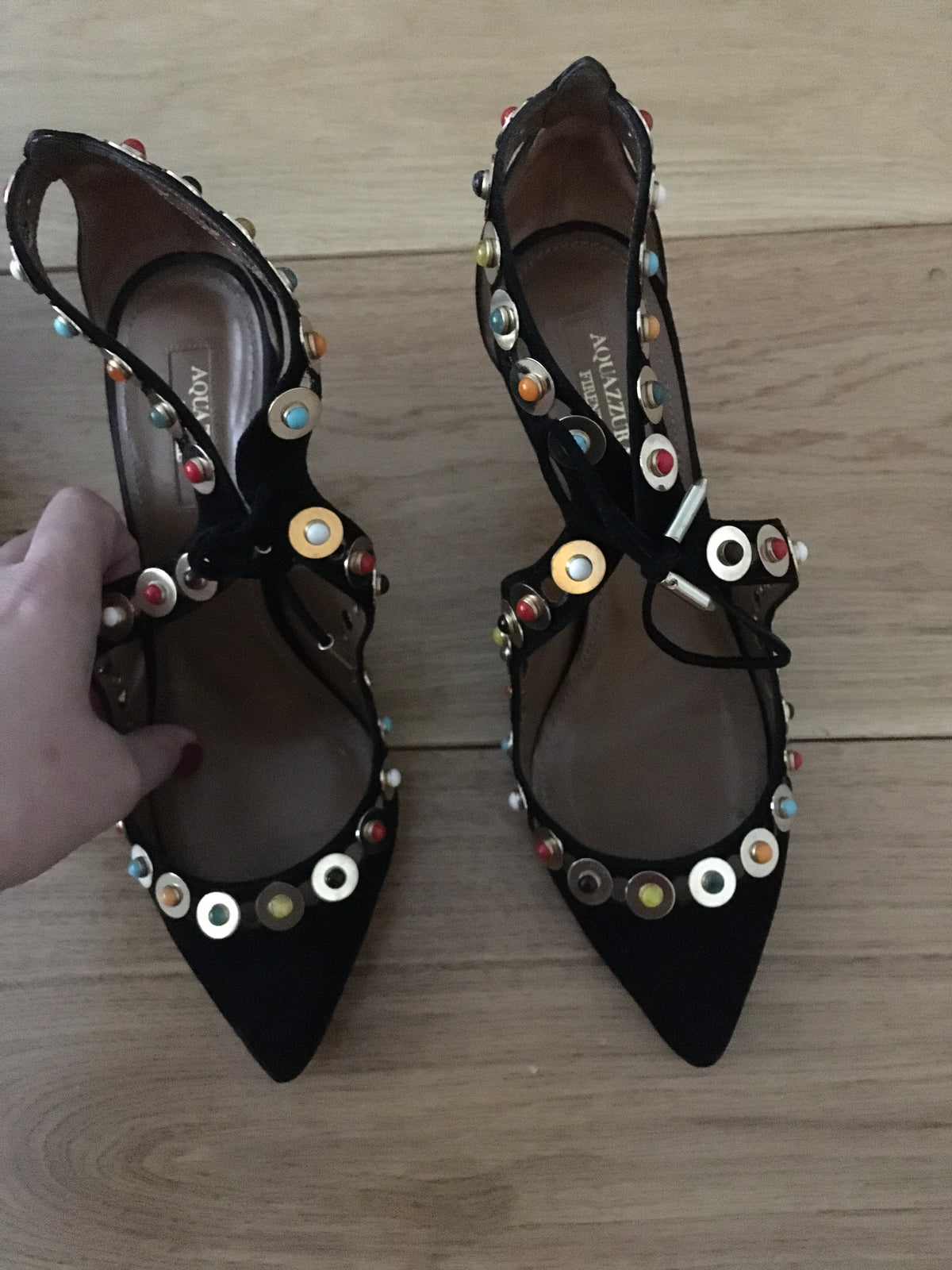 Aquazzura Byzantine Studded Suede Pump, Black Size 36 US 6 UK 3 ladies