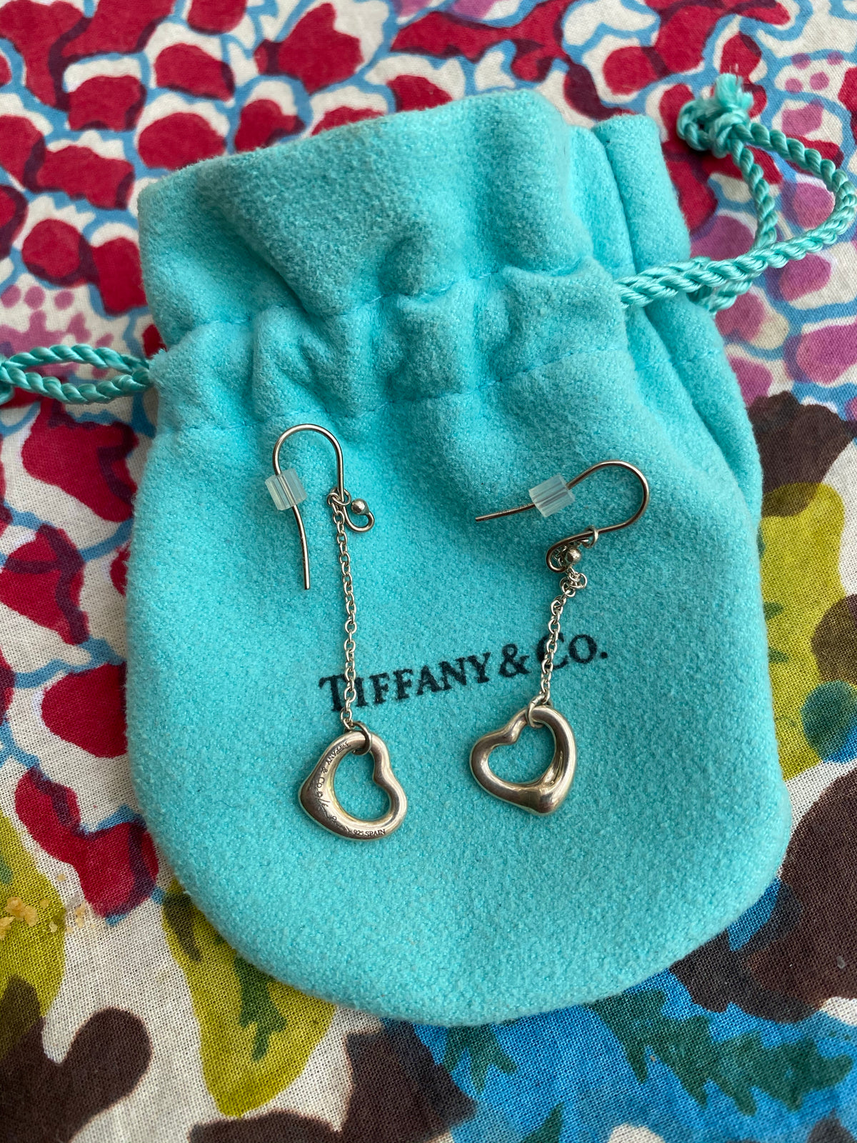 Tiffany & Co. 925 Sterling Silver Elsa Peretti Open Heart Drop Earrings Ladies