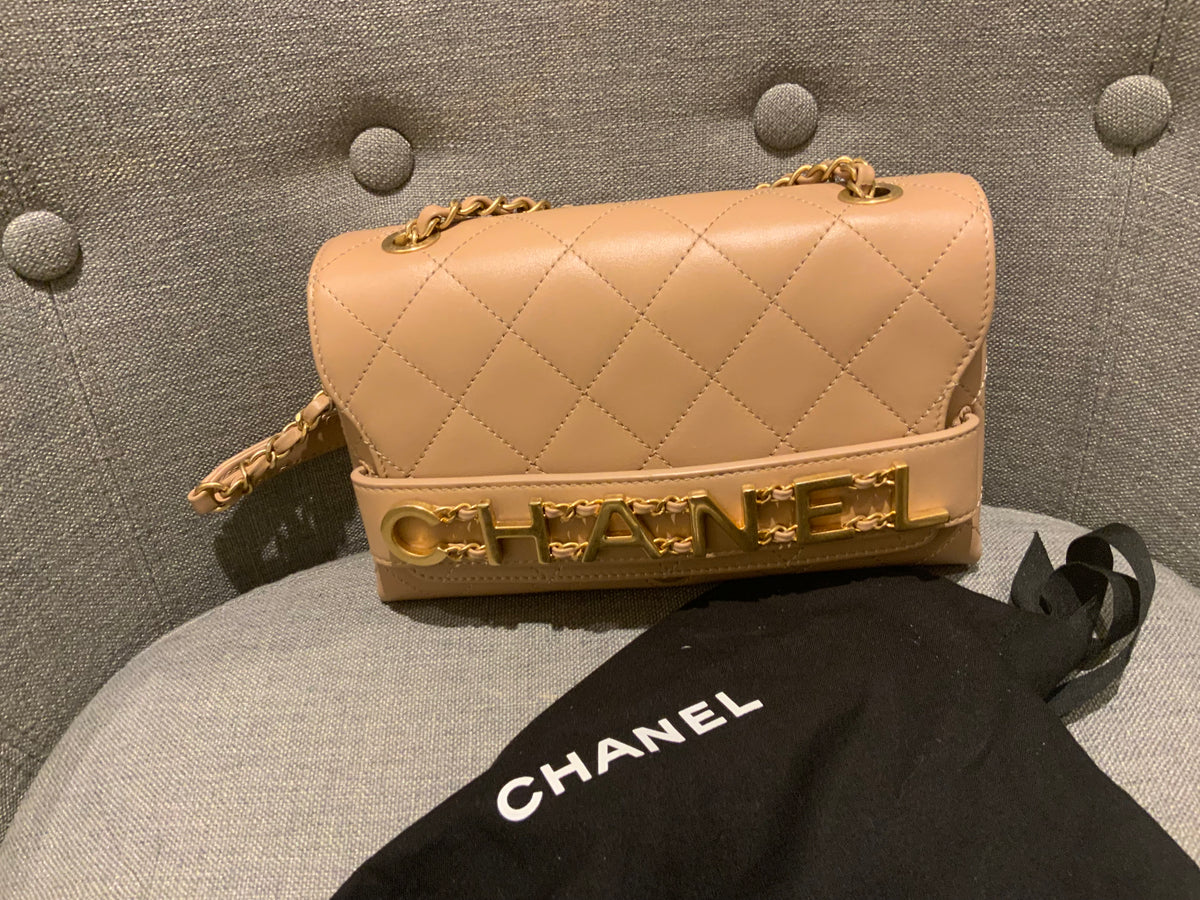 Chanel SOLD OUT Logo Calfskin Quilted Small Enchained Flap Beige Bag Handbag ladies