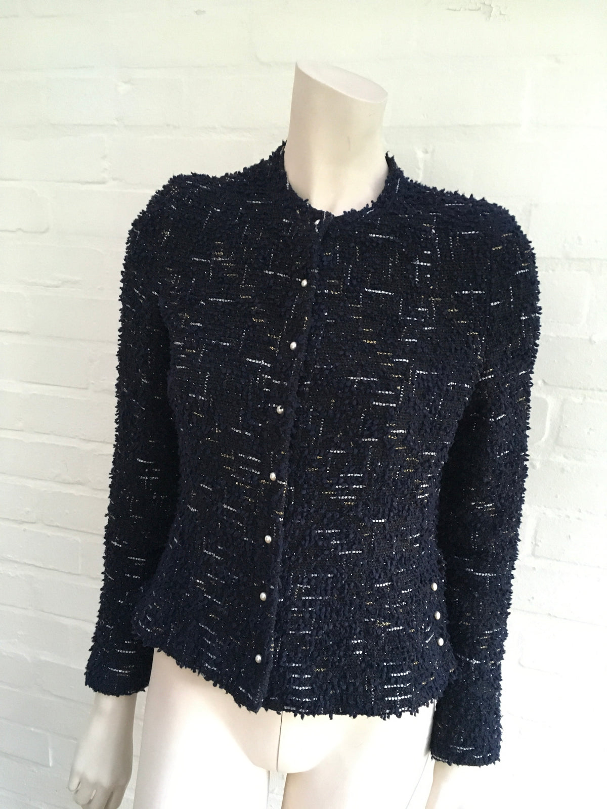 CHANEL Metallic Tweed Jacket Pearls Embellishe Ladies