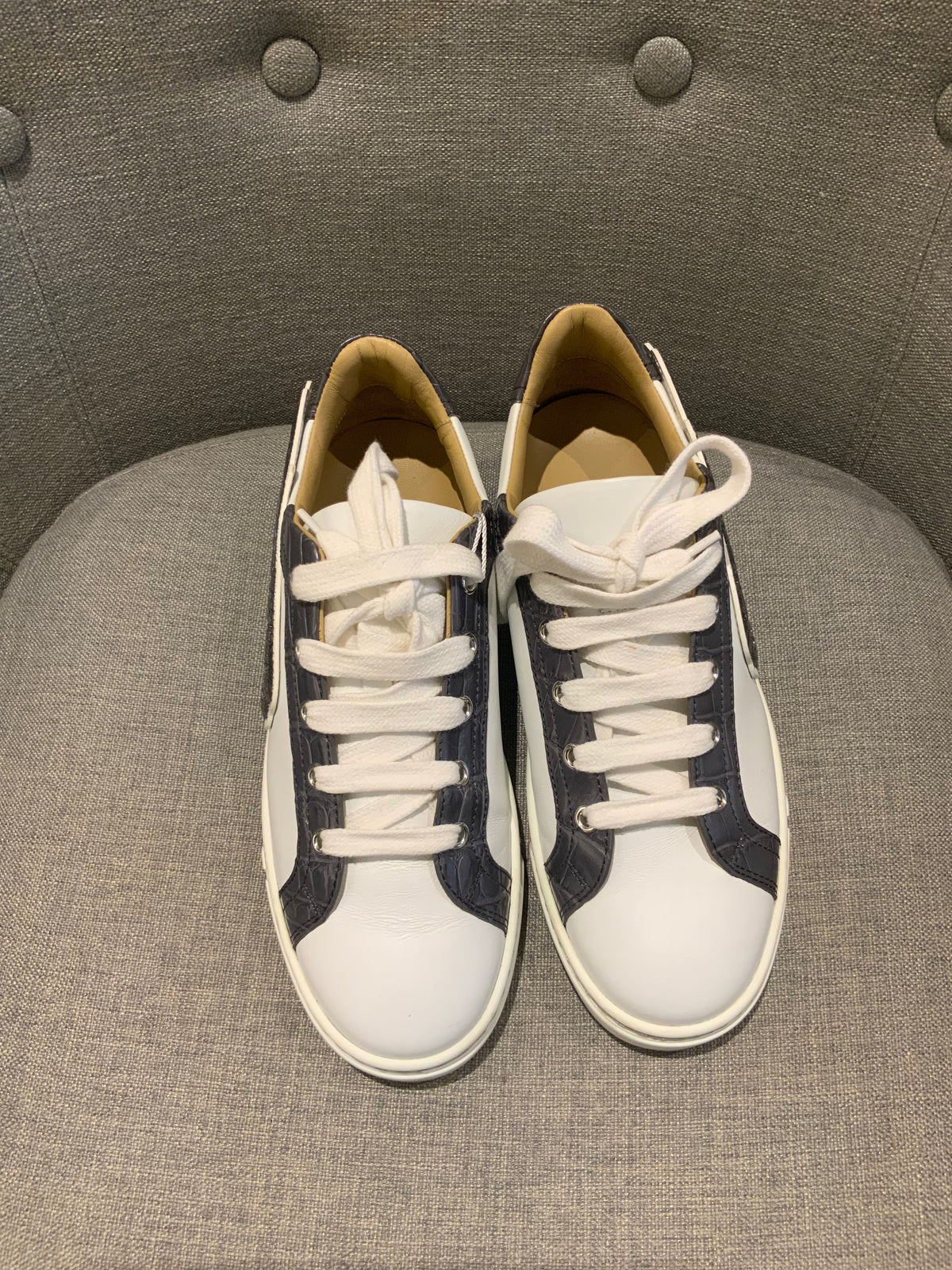 HERMÈS Calfskin Epsom Womens Velvet Sneakers 37 White Grey Crocodile Trim Shoes ladies
