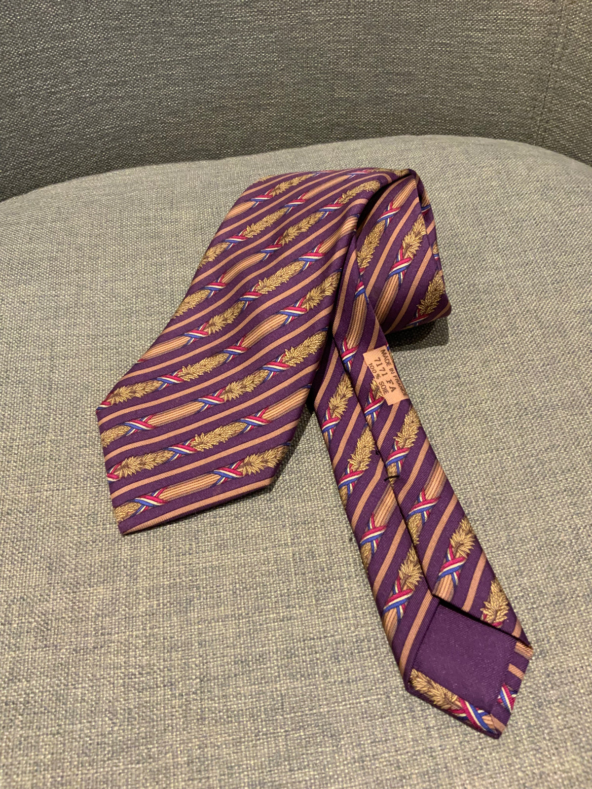 Hermès HERMES Paris Tie 7171 FA Bastille Day French Flag Olive Wheat Branches men