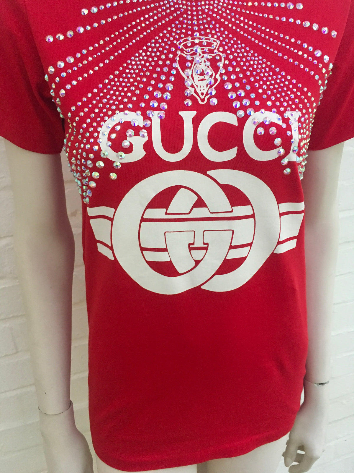 Gucci Red Swarovski Crystal-Embellished Printed T-Shirt Ladies