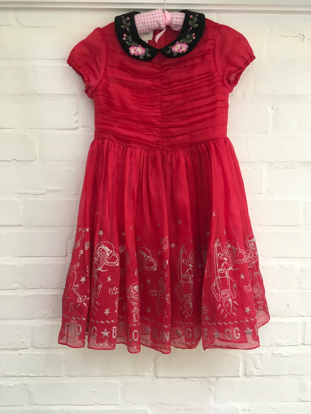GUCCI 2017/2018 GIRLS EMBROIDED RED BLIND FOR LOVE SILK DRESS CHILDREN
