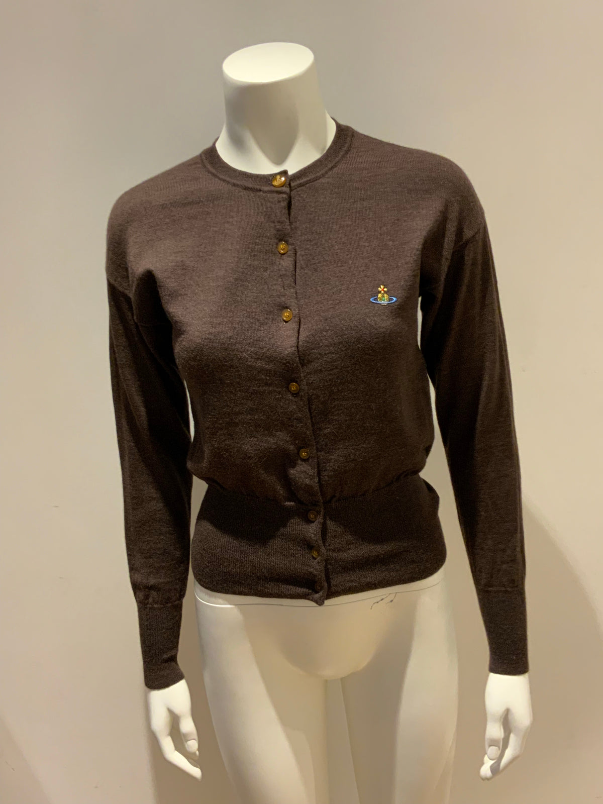 VIVIENNE WESTWOOD Brown Bea Knit Wool Embroidered Logo Cardigan SIZE S small ladies