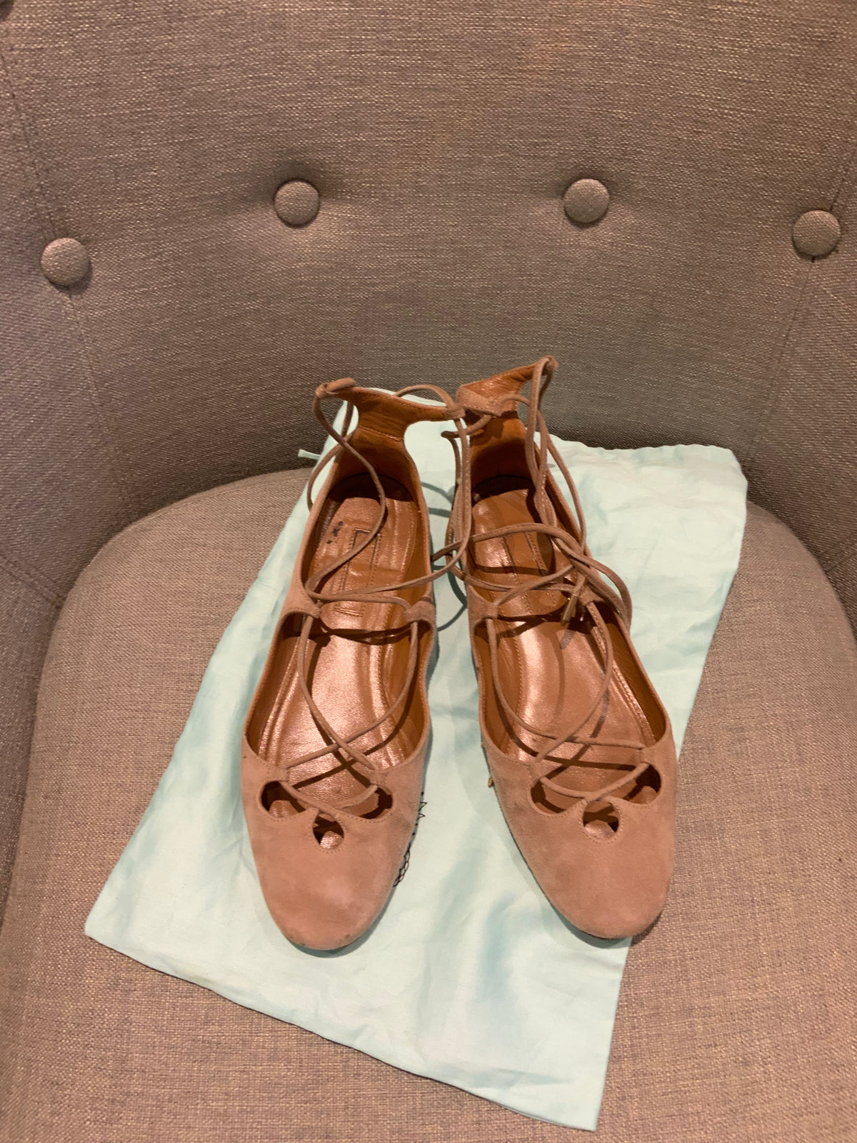 Aquazzura Dance Beige Suede Leather Flats Shoes Size 35 US 2 UK 5 ladies