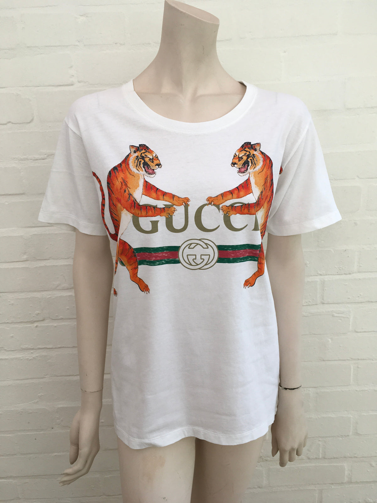 Gucci Tigers Roaring Vintage Look Logo White T-Shirt Size XXS ladies