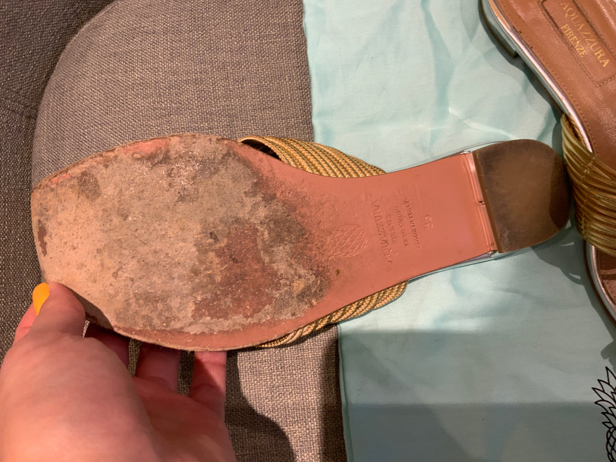 Aquazzura Gold Leather Flat Slippers Sandals Size 35 US 2 UK 5 ladies