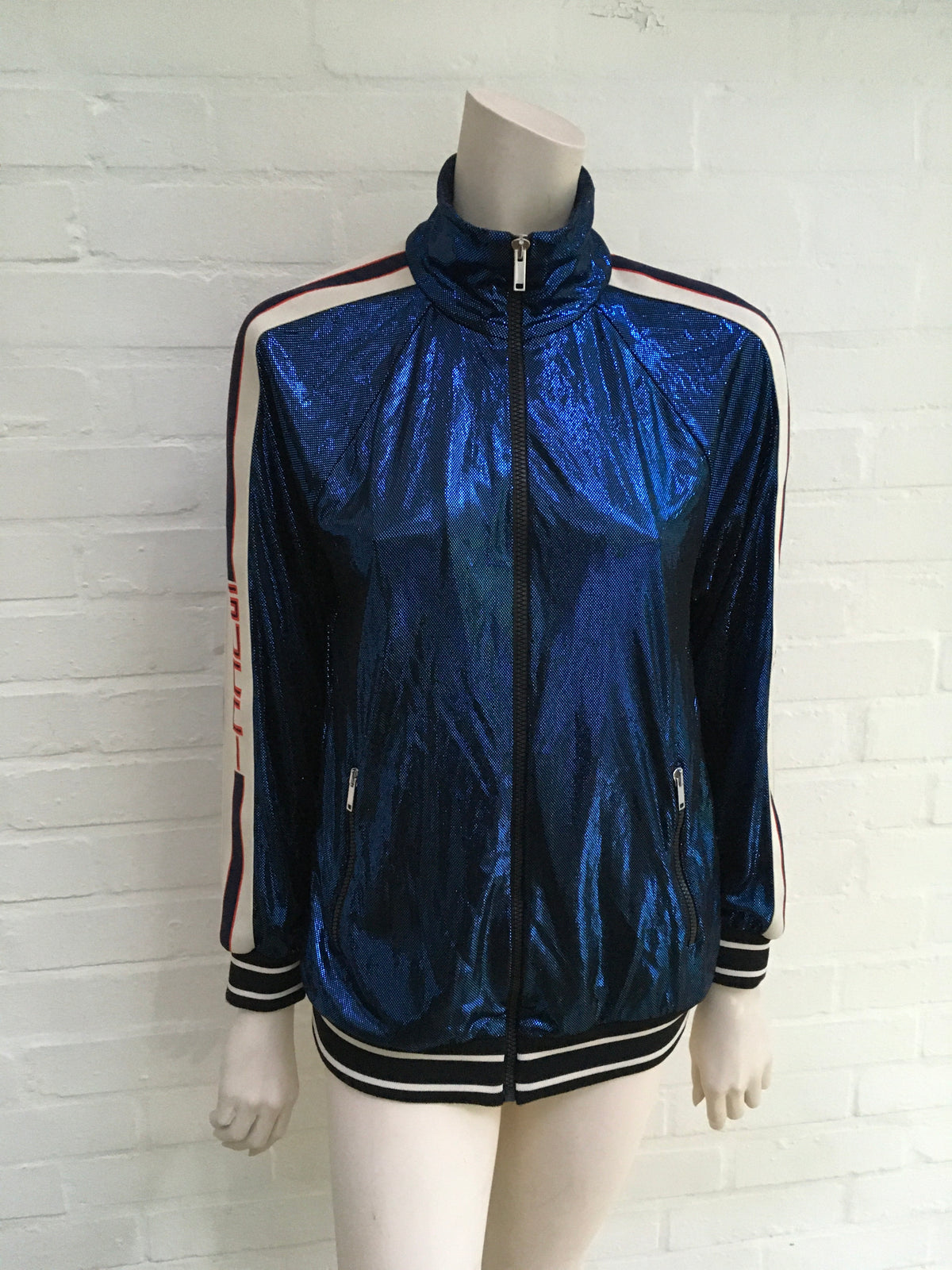 GUCCI 2019 Metallic Blue Lamé Logo Track Jacket Ladies