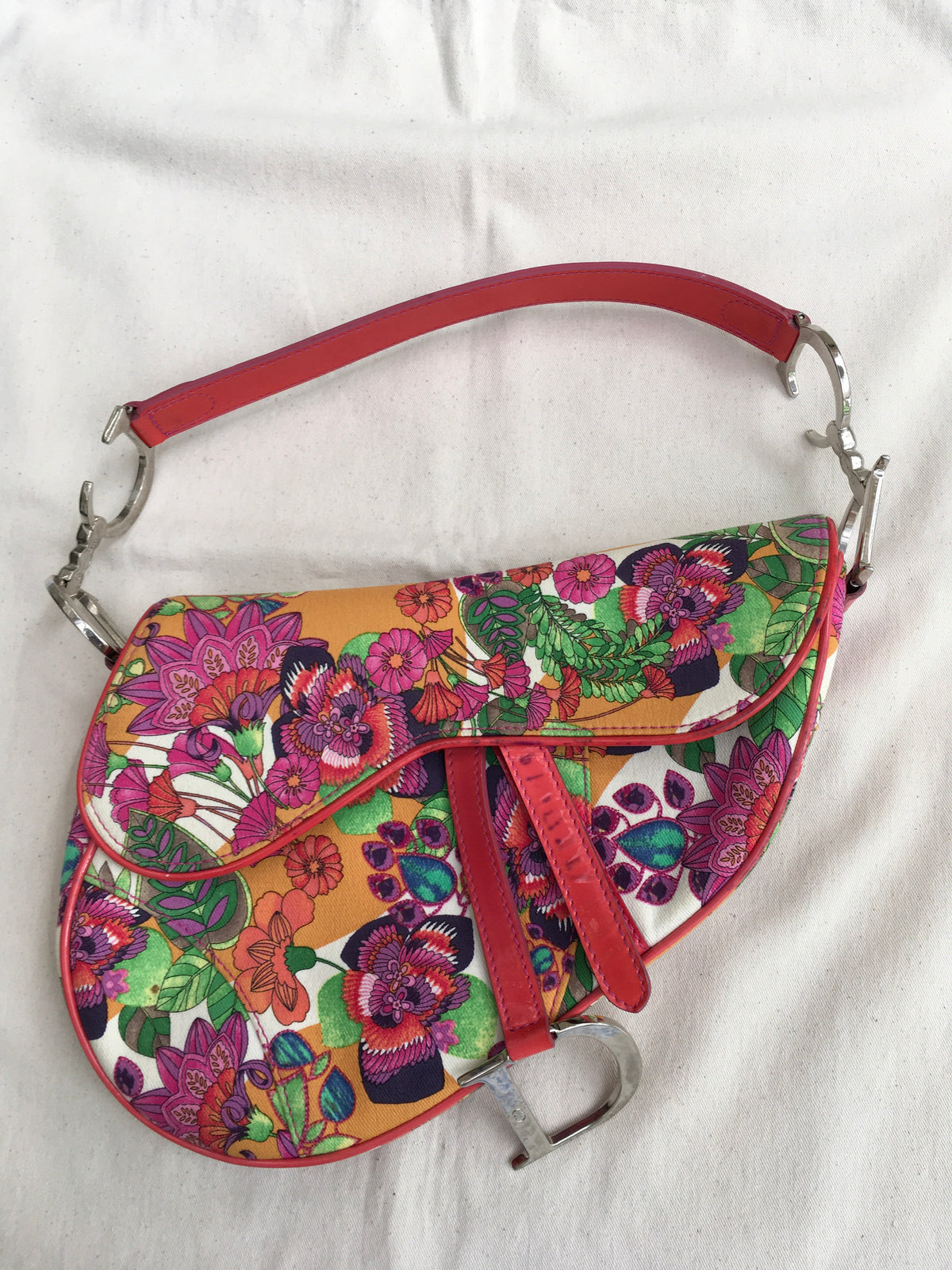 Christian Dior Limited Edition Canvas Floral Saddle Bag Multicolor Handbag ladies