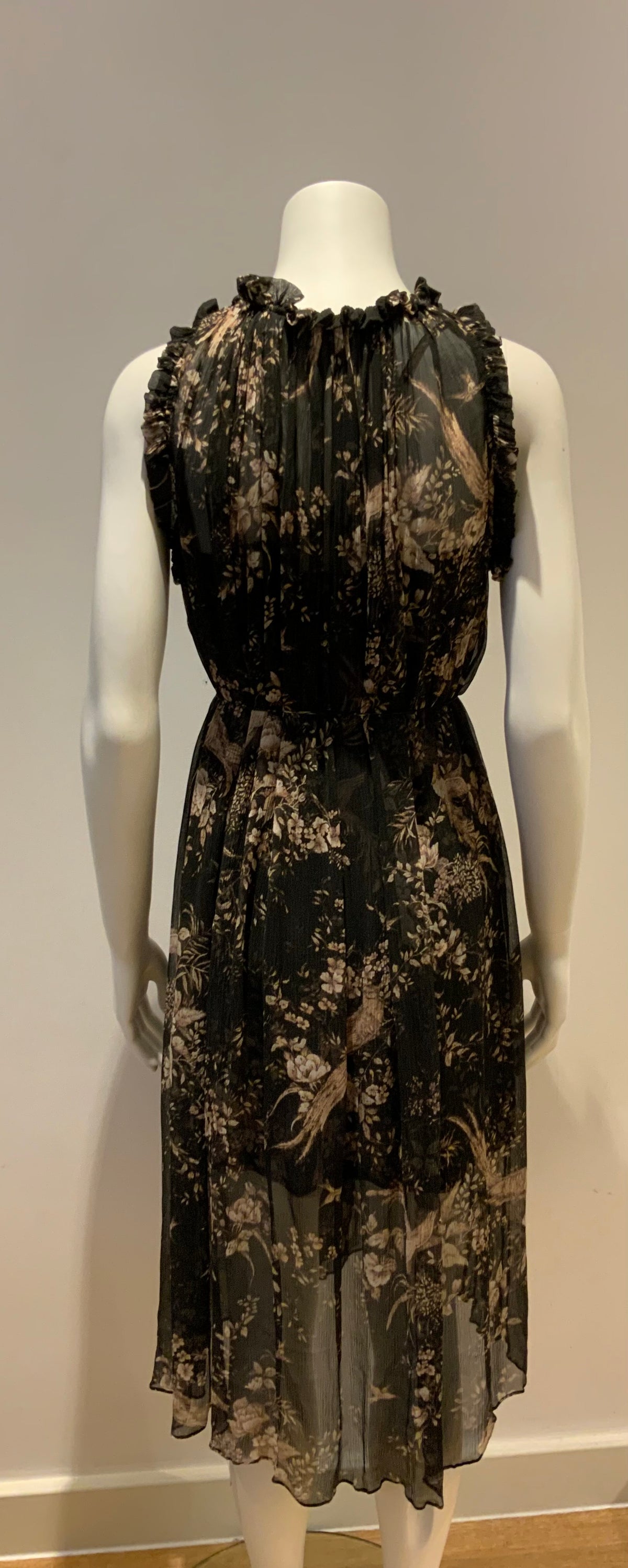 ZIMMERMANN MAPLES RUFFLE NECK Silk Birds Midi Dress Size 0 XS ladies