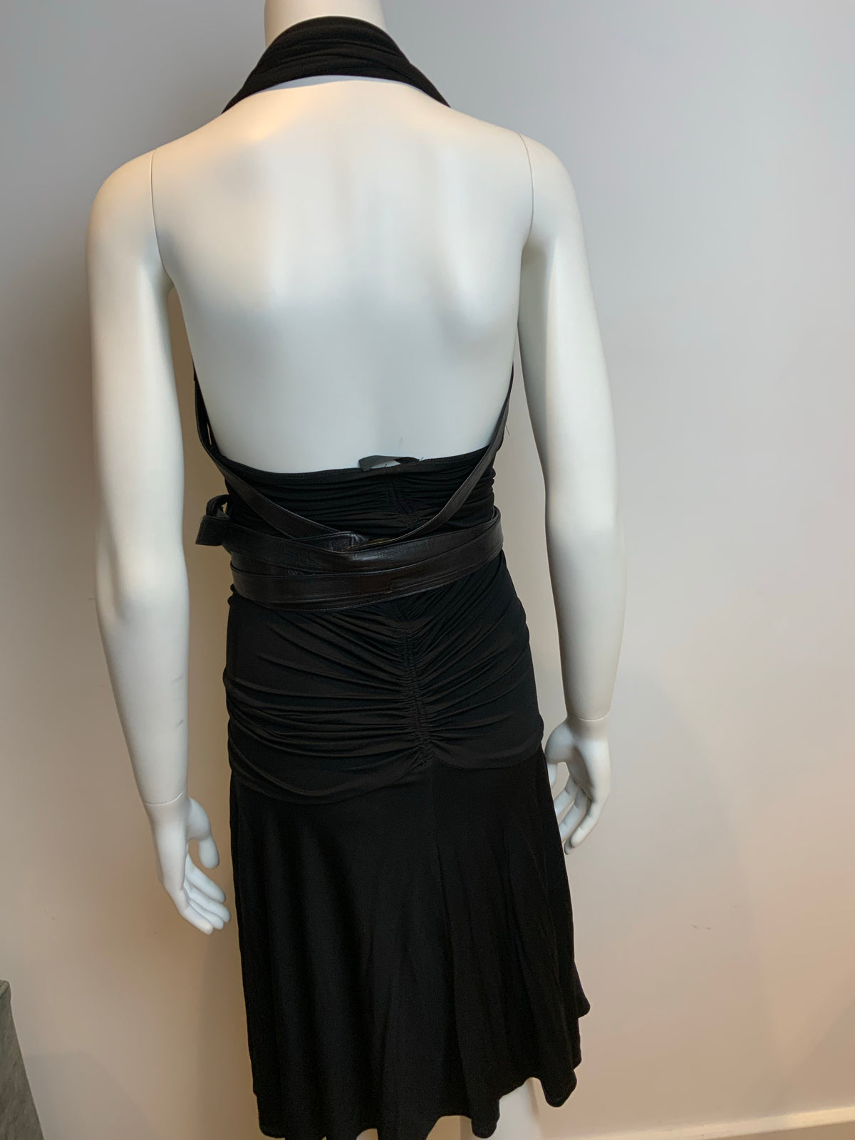 Donna Karan New York LBD Little Black Dress Backless Leather Straps Size S Small ladies
