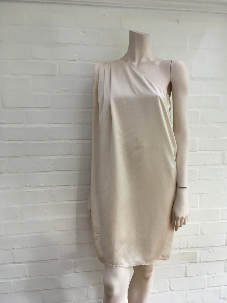 ACNE Studios Wanted beige satin one-shoulder draped dress Ladies –  Afashionistastore