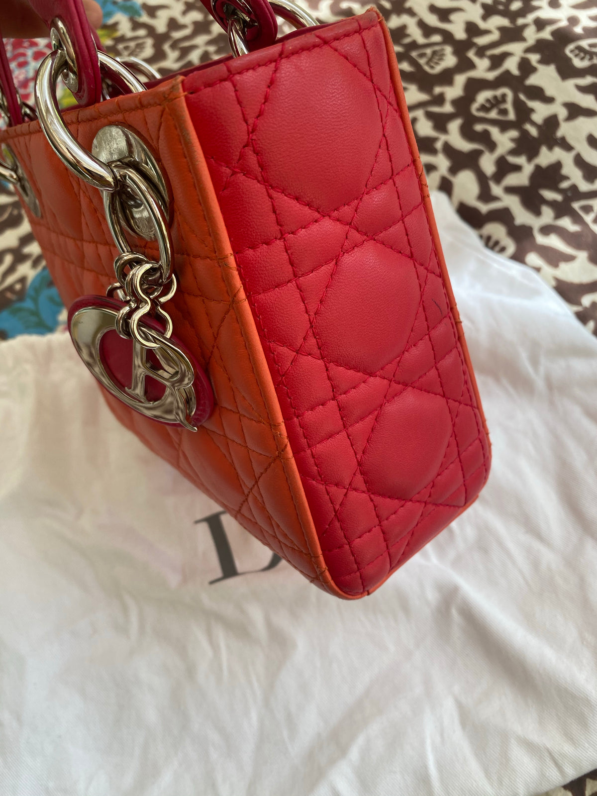 Christian Dior Lambskin Cannage Mini Bi-Color Lady Dior Orange Fuchsia Bag ladies