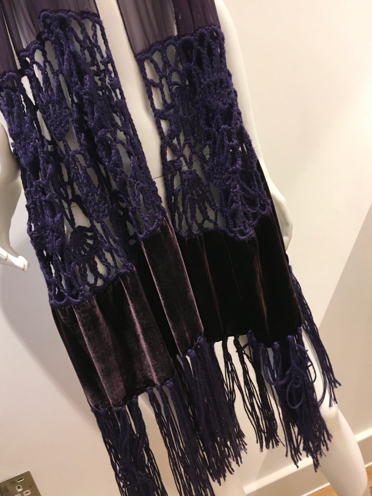 Giorgio Armani 1990's extra long velvet crochet and chiffon silk scarf shawl ladies