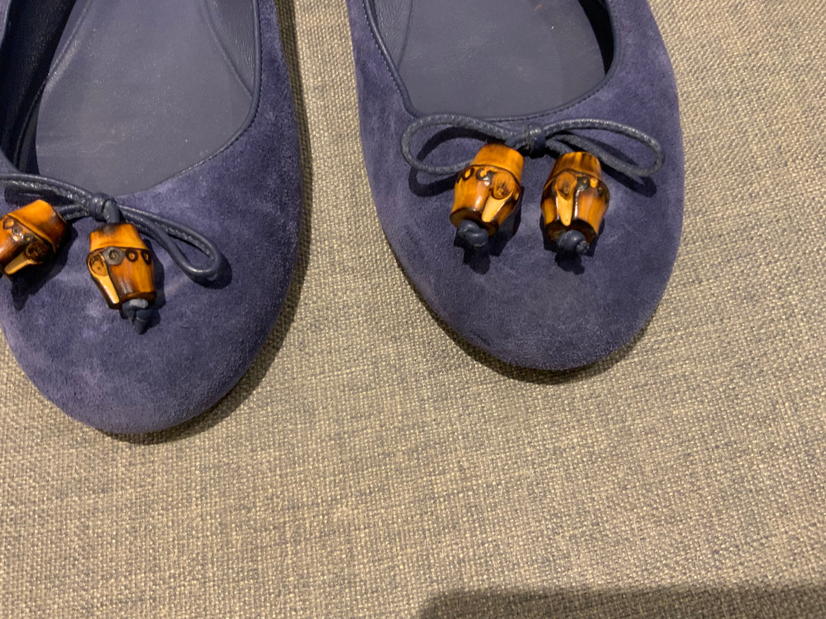 GUCCI Blue Suede Ballet Shoes Flats Bamboo Tassel Size UK 7 US 10 EU 40 ladies