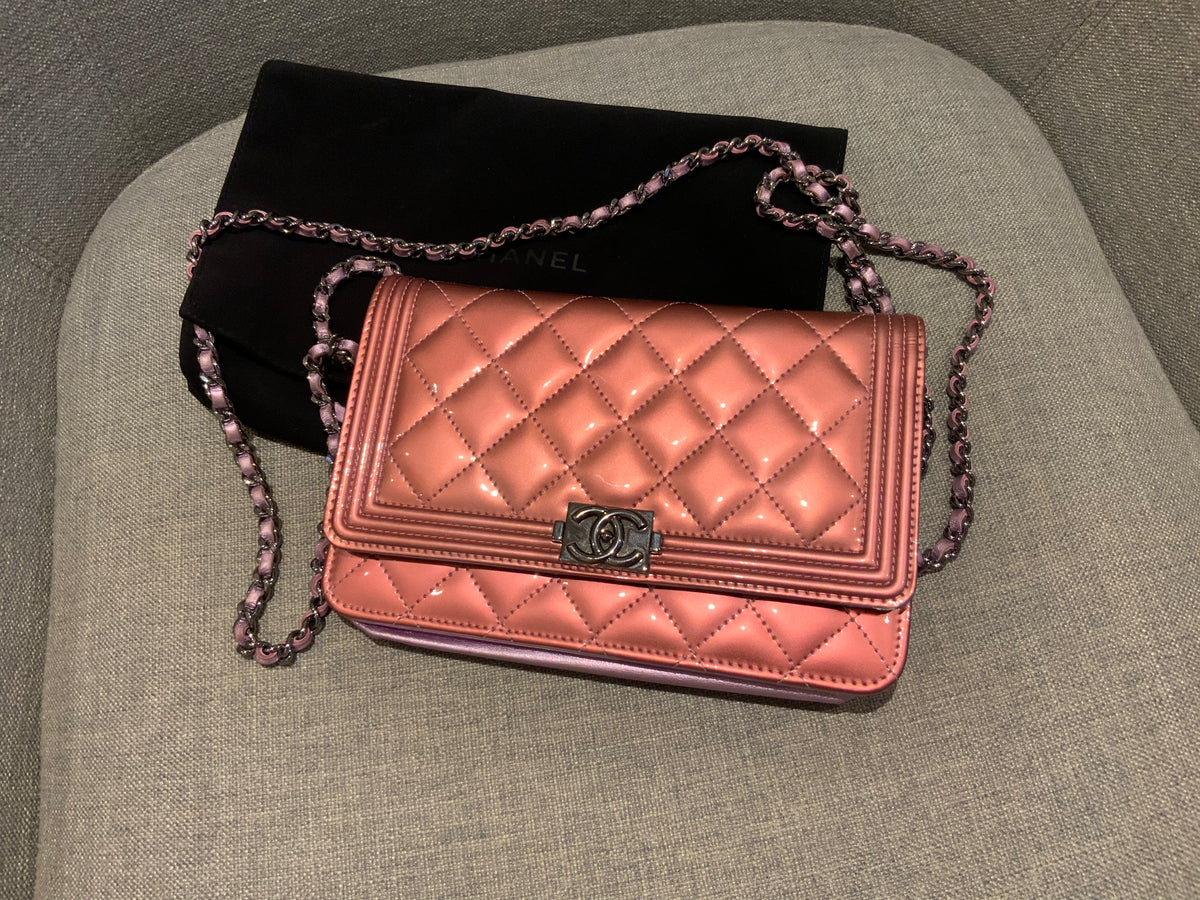 CHANEL Metallic Pink Quilted Patent Leather Boy Flap Bag WOC Wallet on Chain ladies
