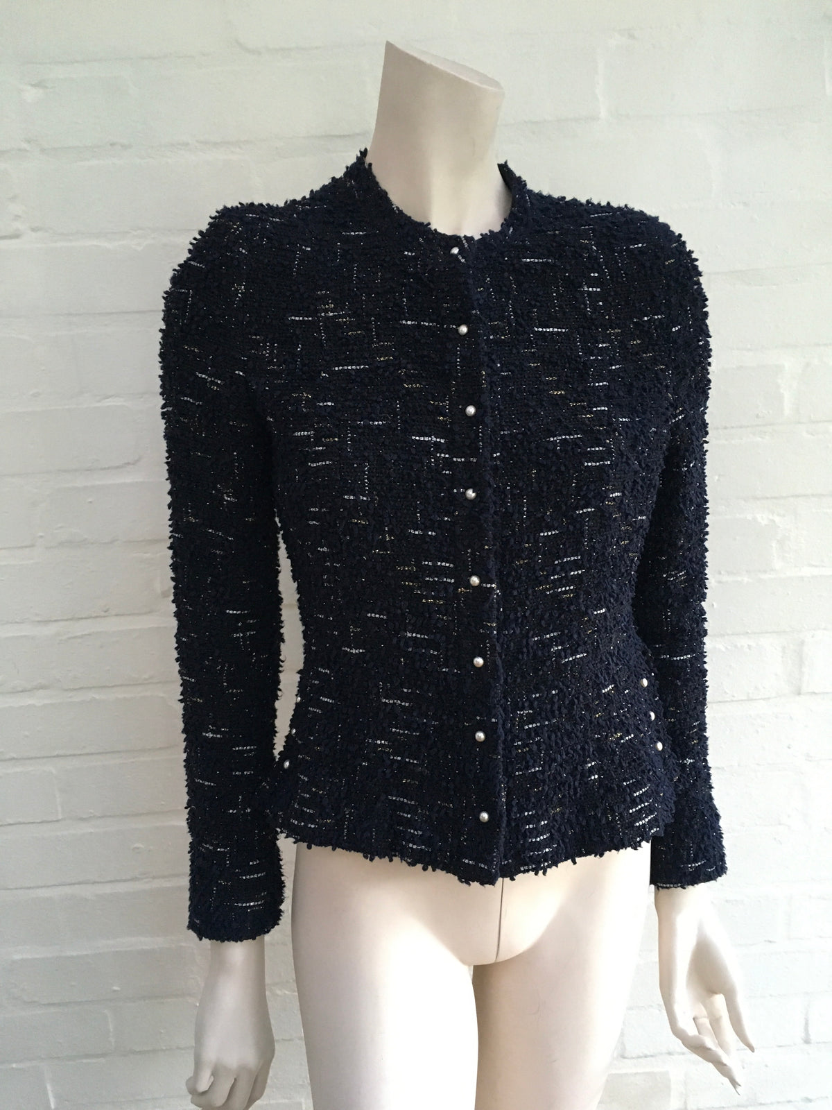 CHANEL Metallic Tweed Jacket Pearls Embellishe Ladies