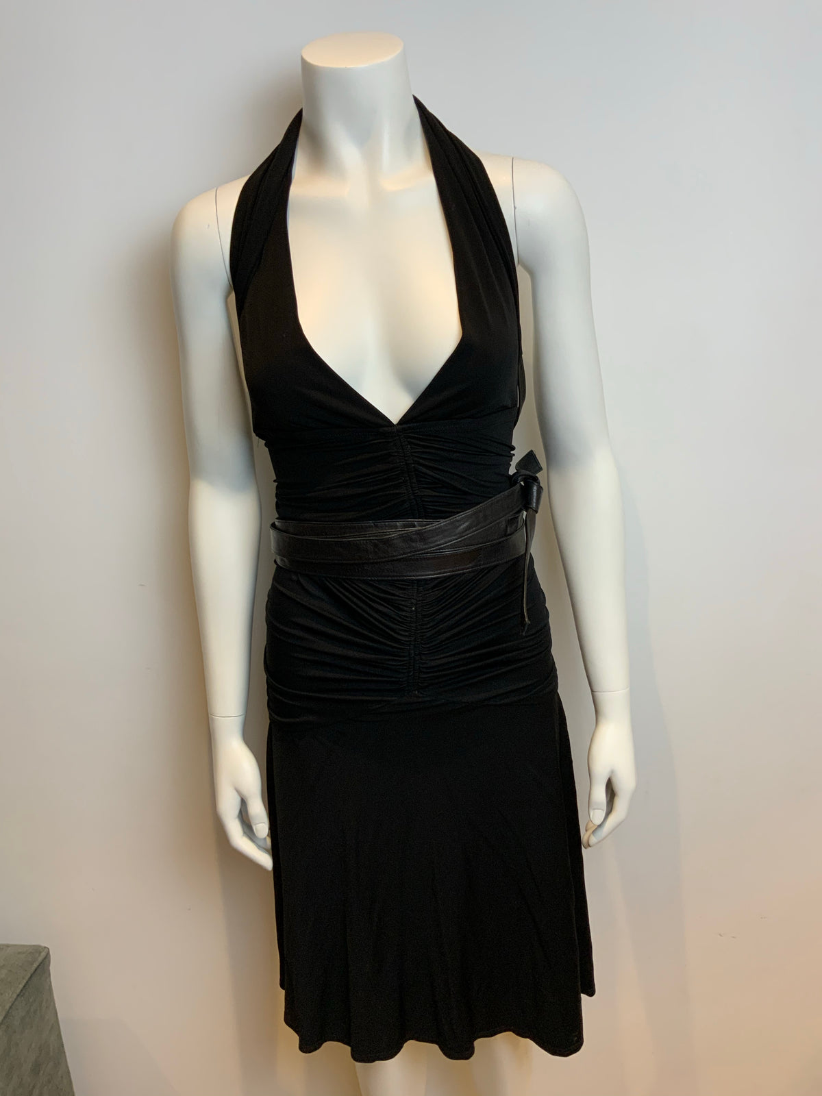 Donna Karan New York LBD Little Black Dress Backless Leather Straps Size S Small ladies