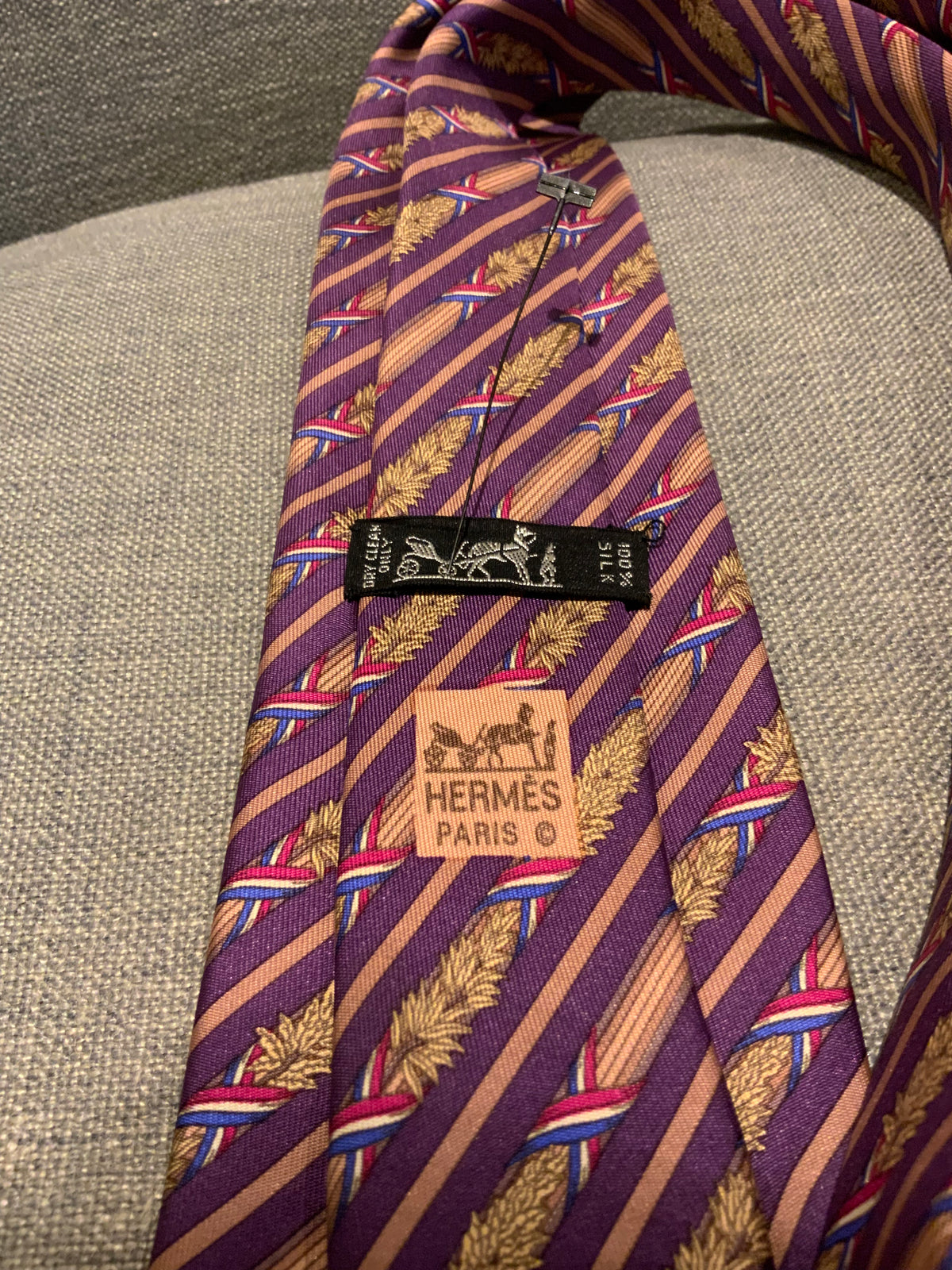 Hermès HERMES Paris Tie 7171 FA Bastille Day French Flag Olive Wheat Branches men