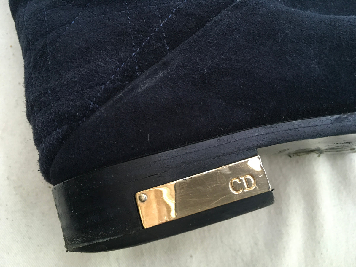 DIOR Navy Suede Leather Shearling Fur Cannage Flat Boots Size 36 UK 3 US 6 ladies