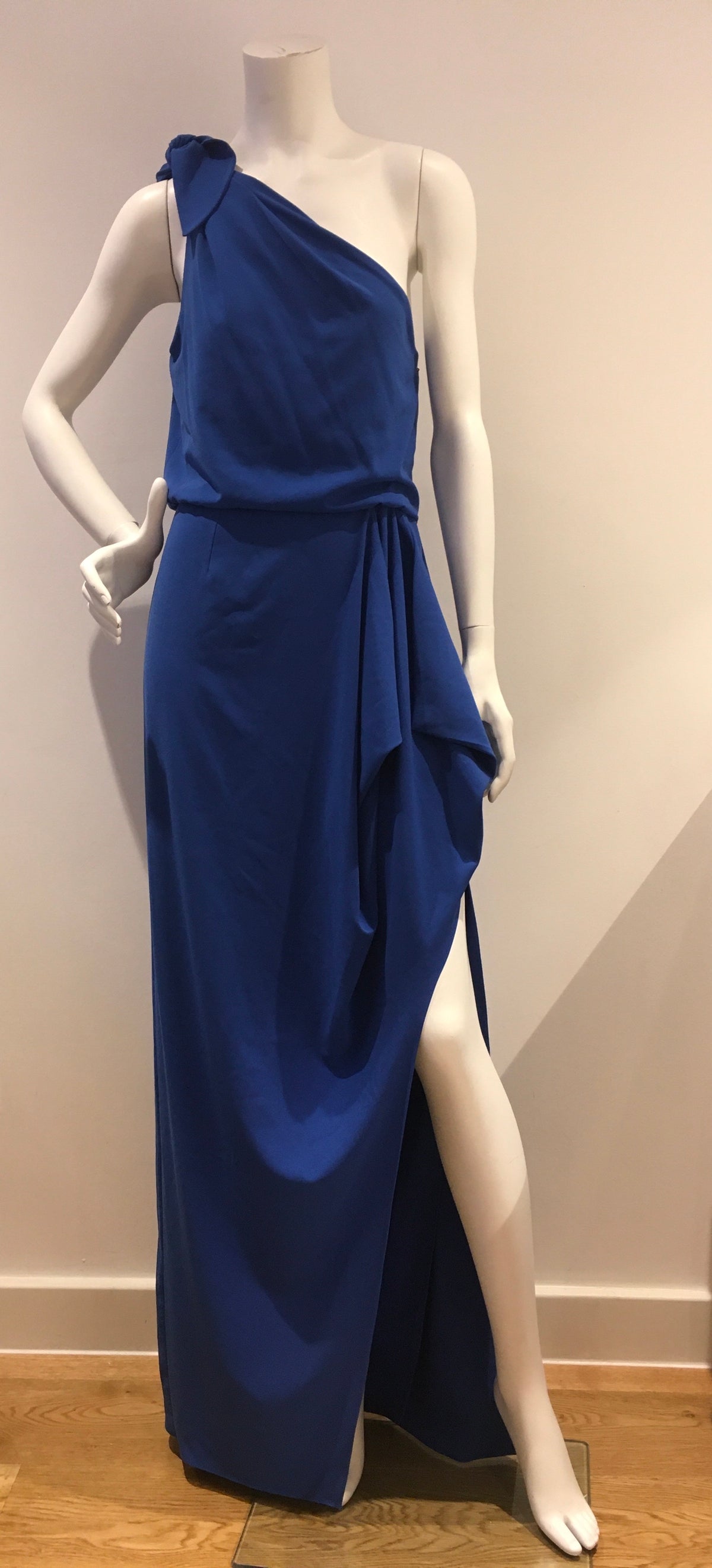 Halston Heritage POne-Shoulder Stretch Crepe Evening Gown inBlue Size UK 8 US 4 ladies