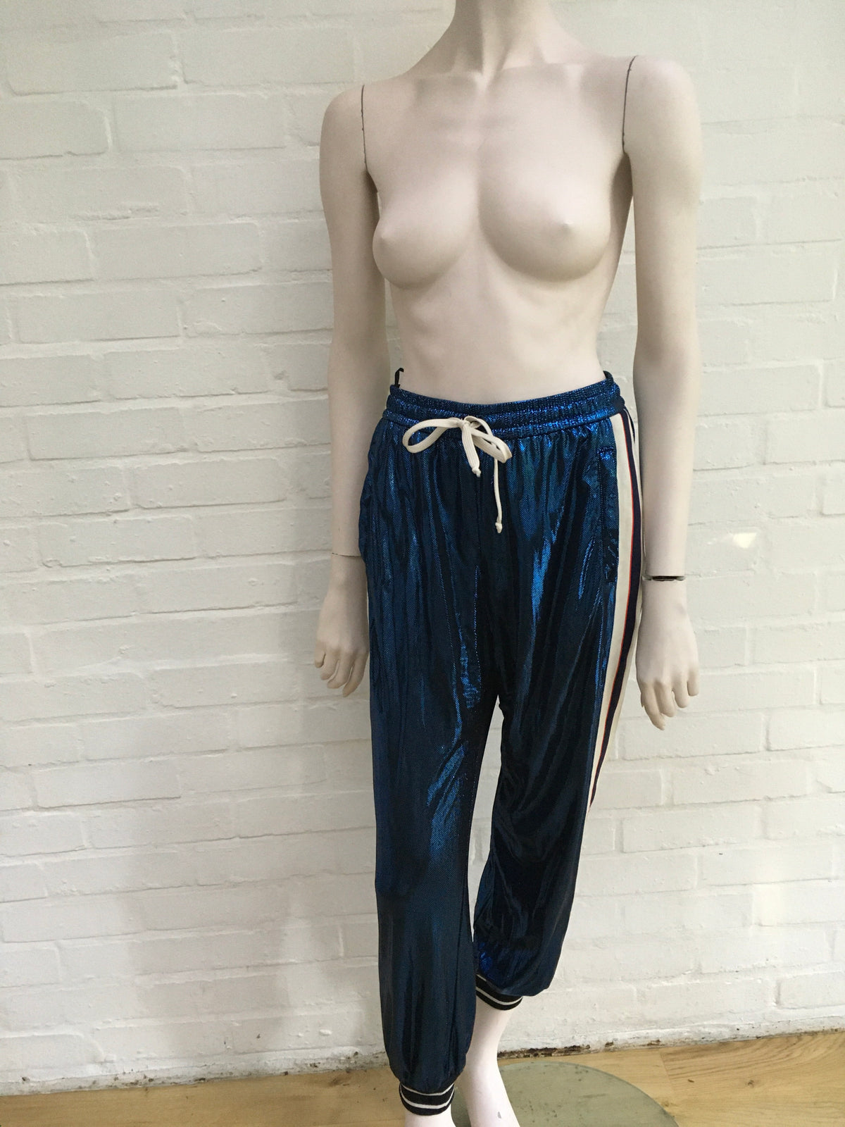 GUCCI 2019 Side-Stripe Metallic Lamé Jogging Bottoms in Blue Pants Trousers Ladies
