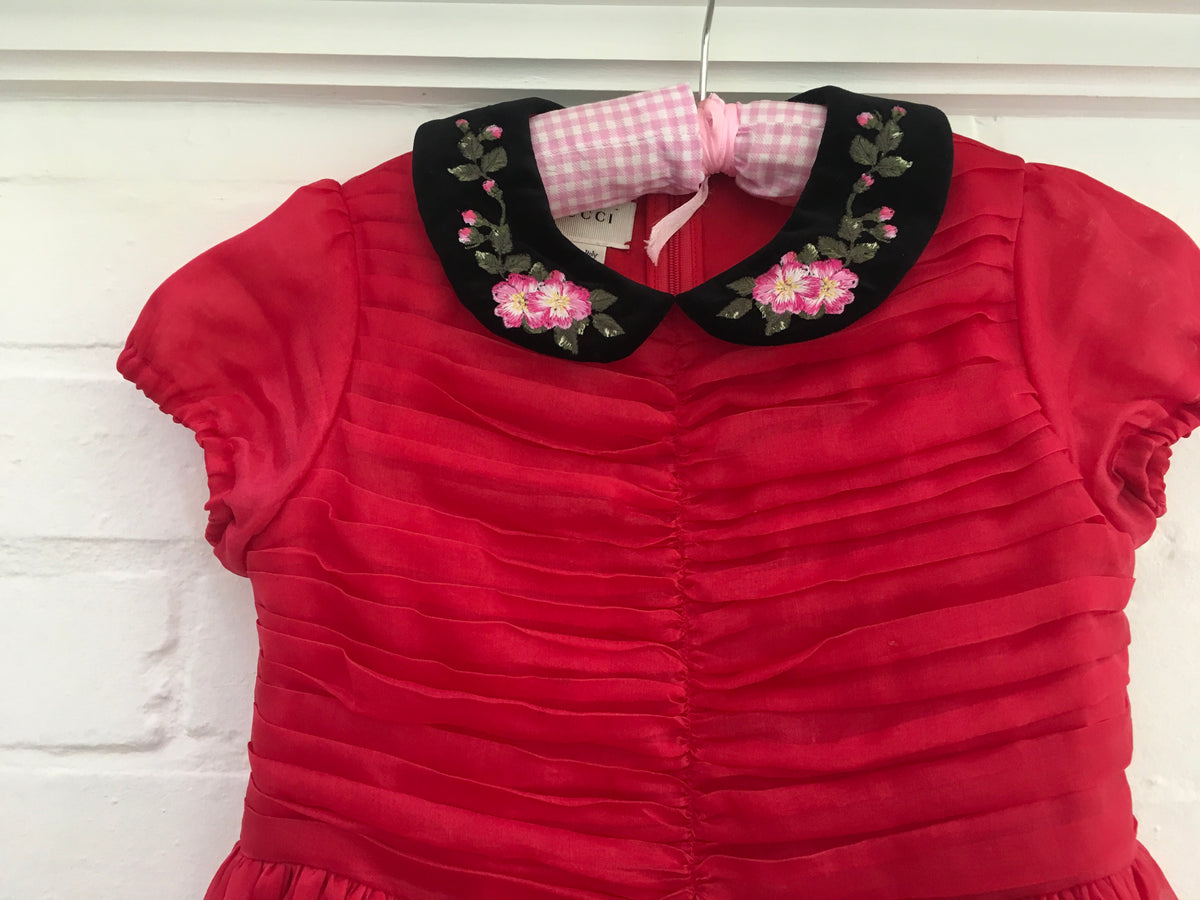 GUCCI 2017/2018 GIRLS EMBROIDED RED BLIND FOR LOVE SILK DRESS CHILDREN