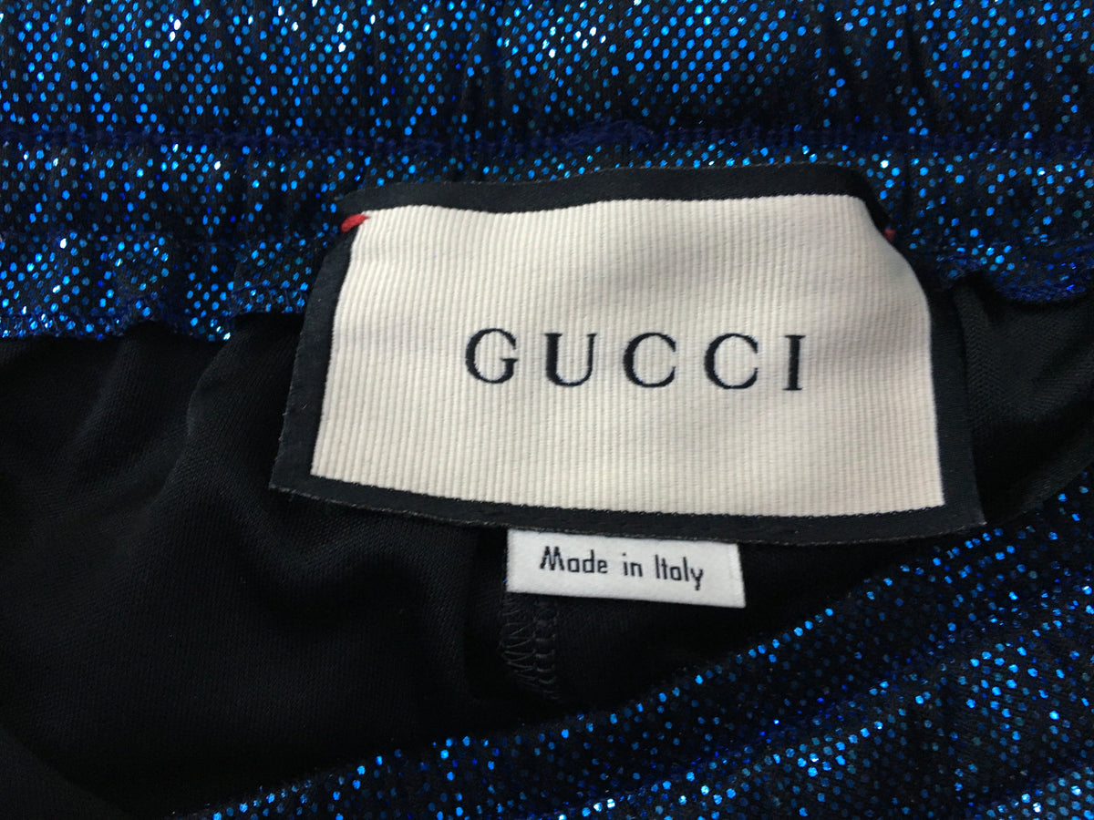GUCCI 2019 Side-Stripe Metallic Lamé Jogging Bottoms in Blue Pants Trousers Ladies