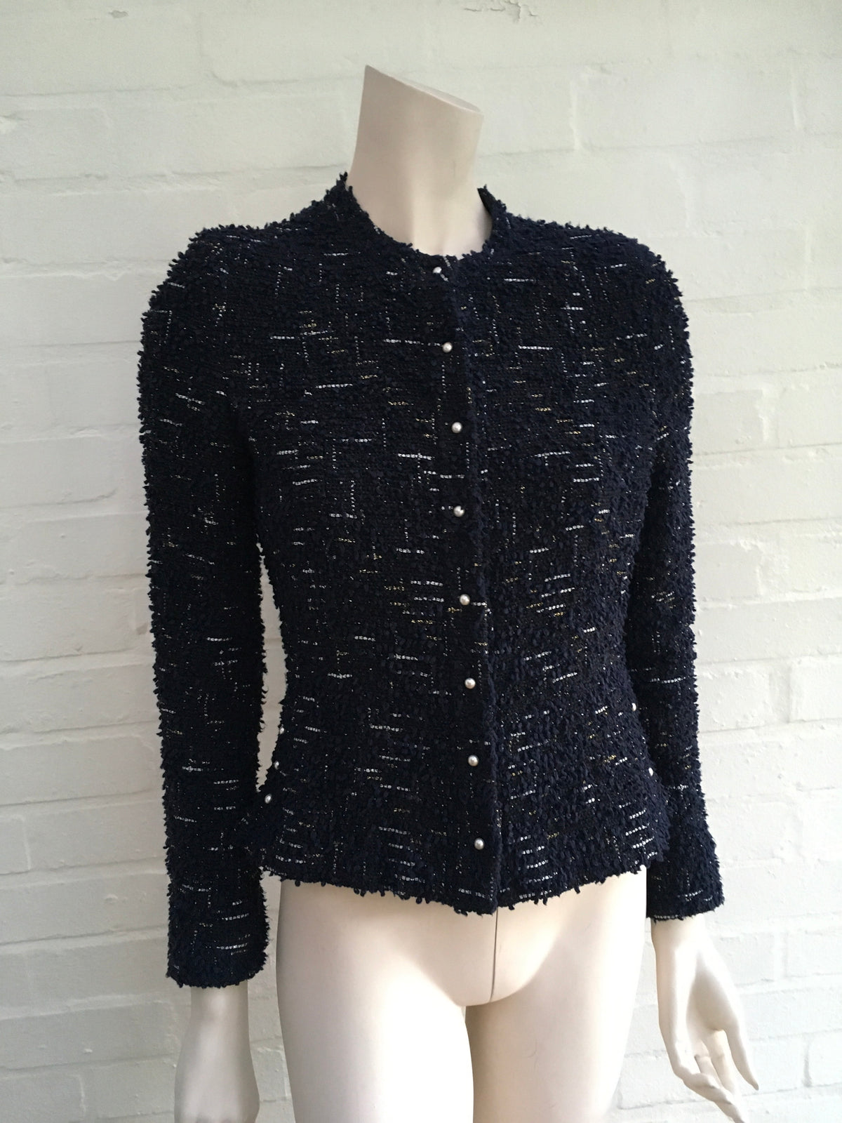 CHANEL Metallic Tweed Jacket Pearls Embellishe Ladies