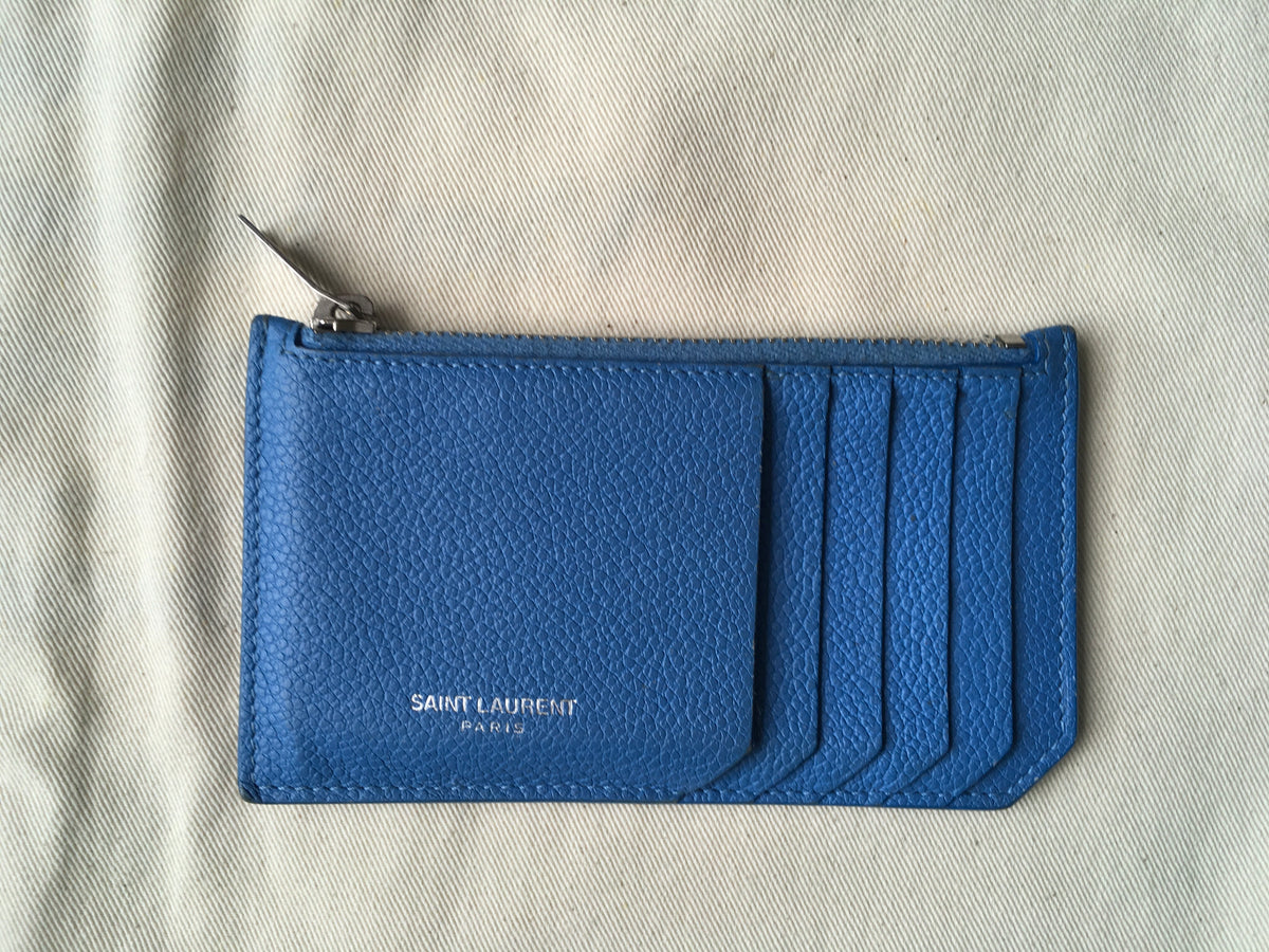 Saint Laurent YSL Women's Blue Leather Zippered Fragments Card Holder Ladies