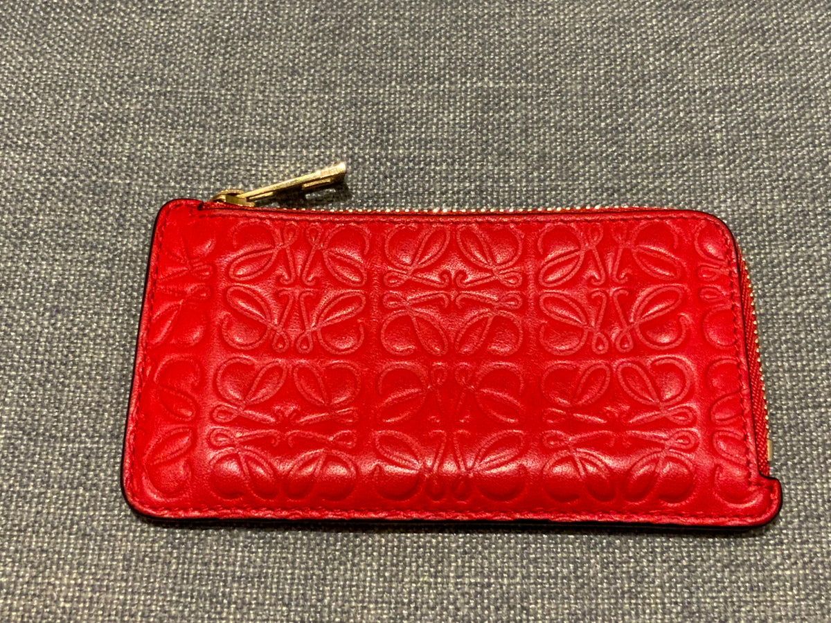 LOEWE Calfskin Embossed Repeat Coin Card Holder in Red Leather ladies
