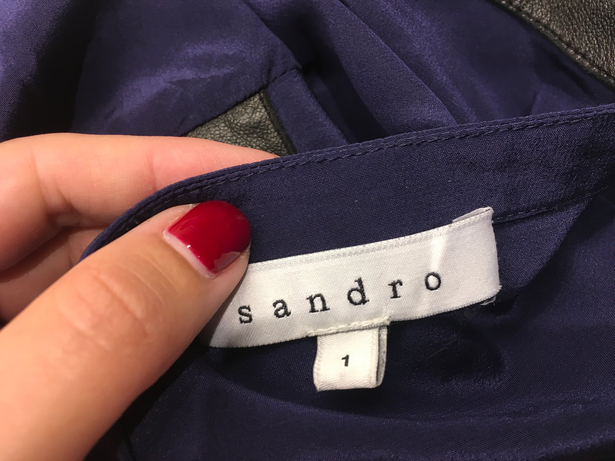 SANDRO Paris Navy Blue Eureka Leather Pocket Silk Blouse Size 1 S Small ladies