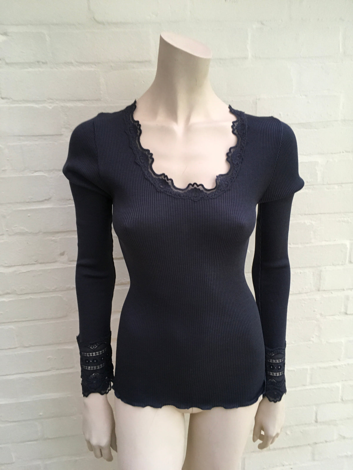 Rosemunde Copenhagen Silk Cotton Long Sleeve Lace Top - Navy Size L Large Ladies