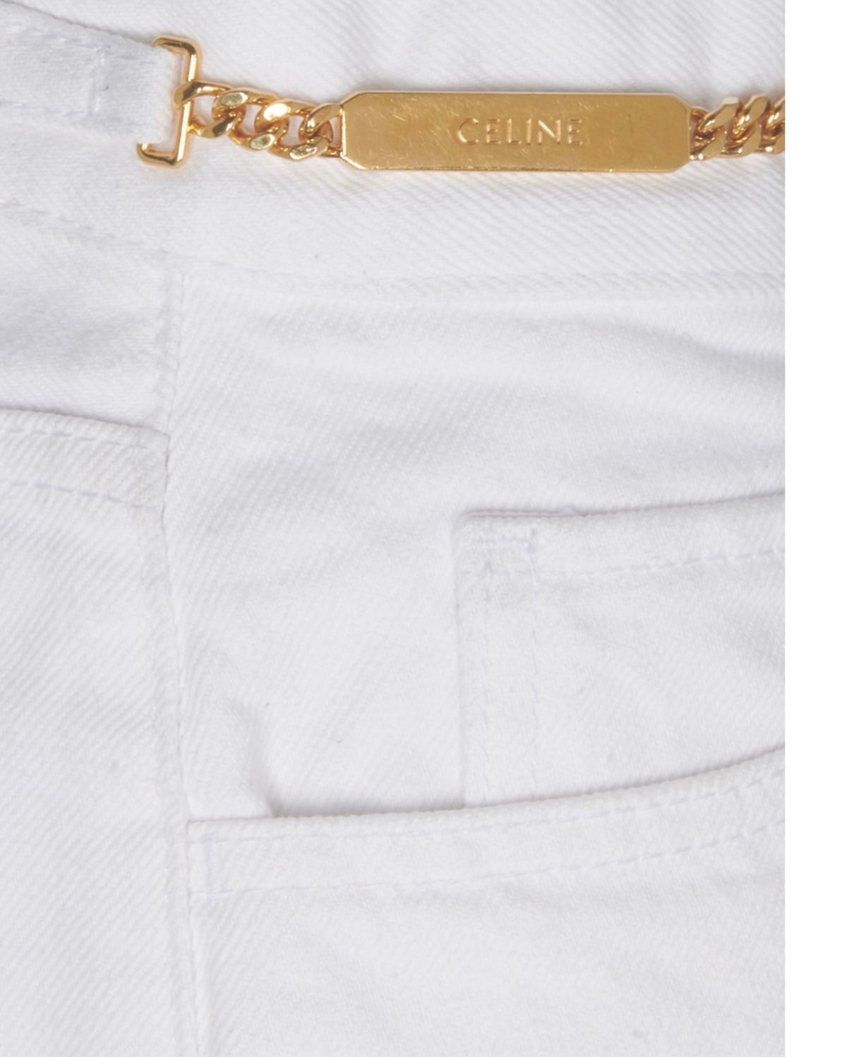 Celine White Denim High Waist Bermuda Shorts with Celine Gold Logo Chain ladies
