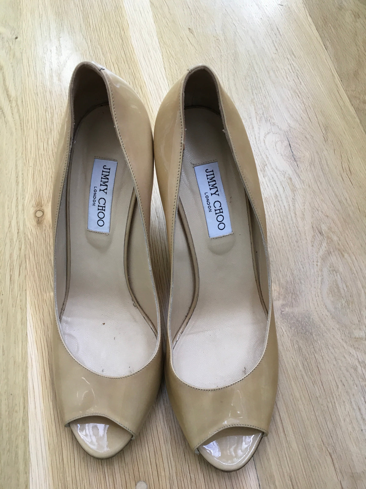 JIMMY CHOO Peep-Toe Patent Leather Wedges Shoes Ladies