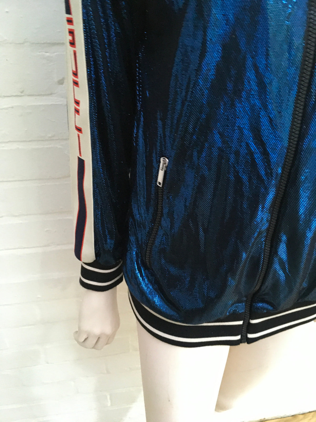 GUCCI 2019 Metallic Blue Lamé Logo Track Jacket Ladies