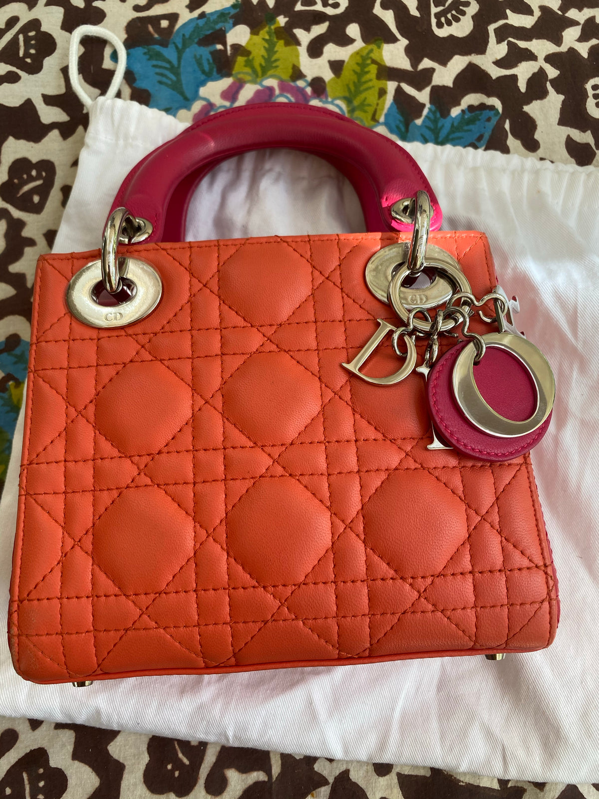 Christian Dior Lambskin Cannage Mini Bi-Color Lady Dior Orange Fuchsia Bag ladies