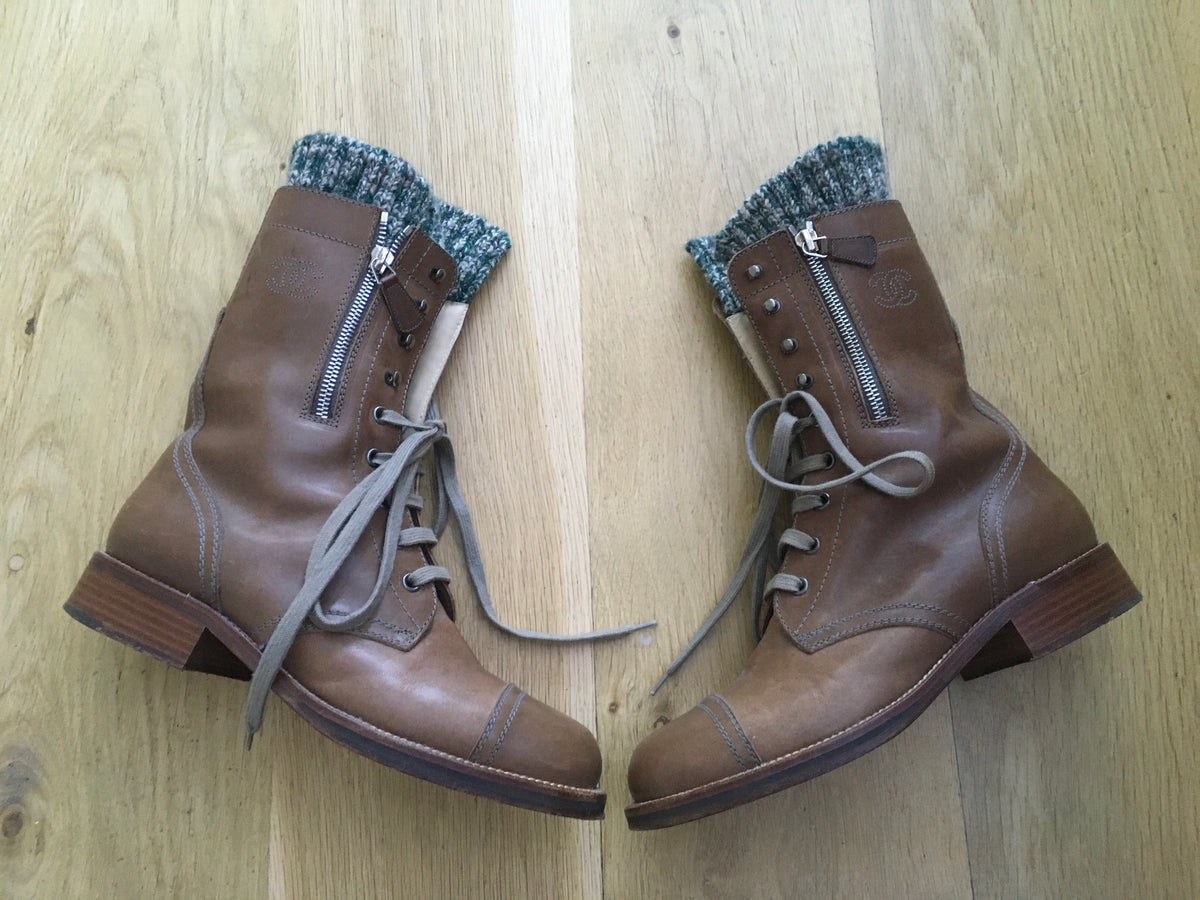 CHANEL CC Knit-Trimmed Combat Ankle Boots Leather Booties Size 39 ladies