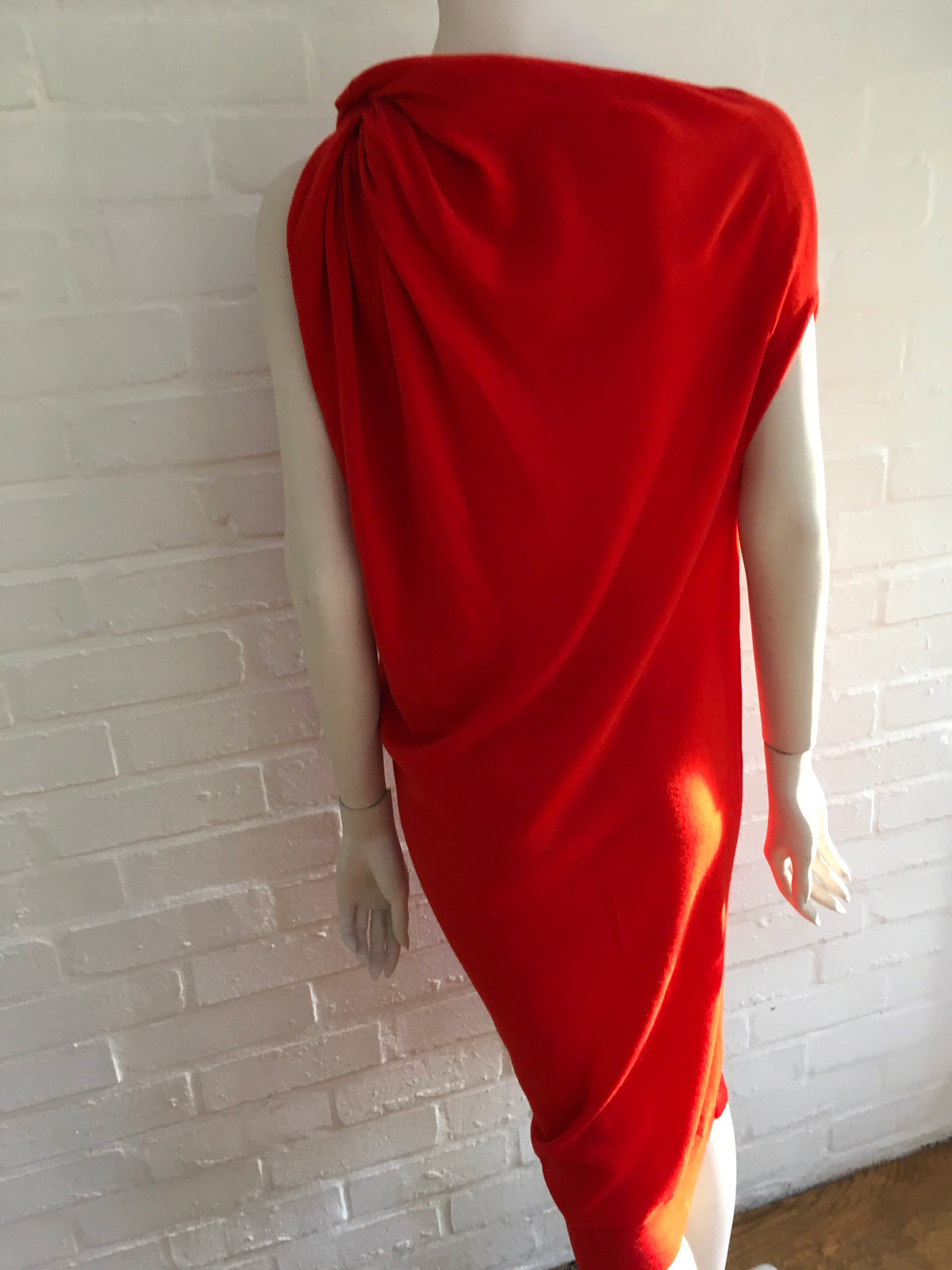 LANVIN Women's Red Draped Asymmetric Neck Wool Knit Dress Ladies