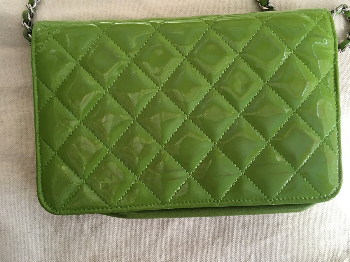 CHANEL Patent Quilted Wallet On Chain WOC Lime Green Bag Handbag Rare Ladies
