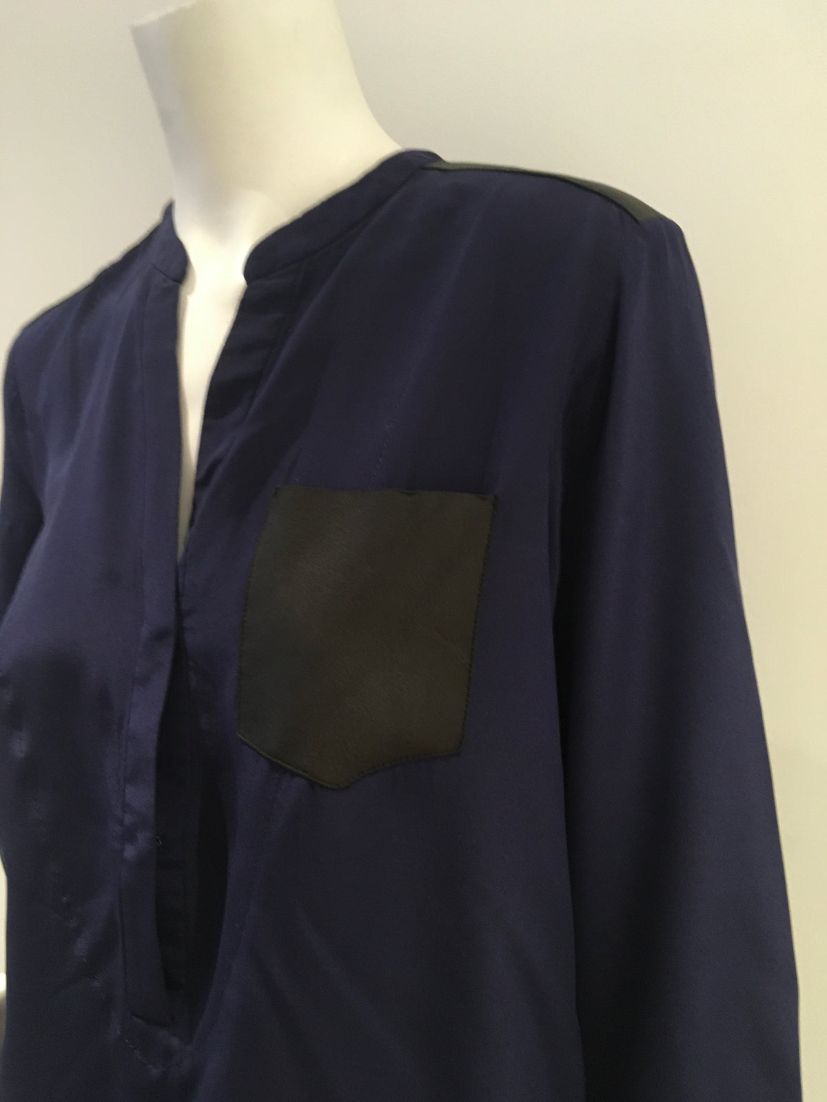 SANDRO Paris Navy Blue Eureka Leather Pocket Silk Blouse Size 1 S Small ladies