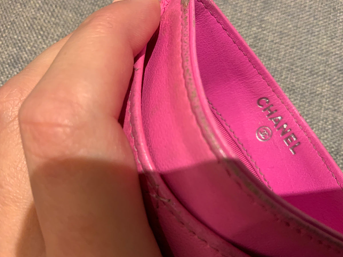 CHANEL Lambskin Quilted 2021 Neon Pink CC Logo Card Holder Wallet ladies