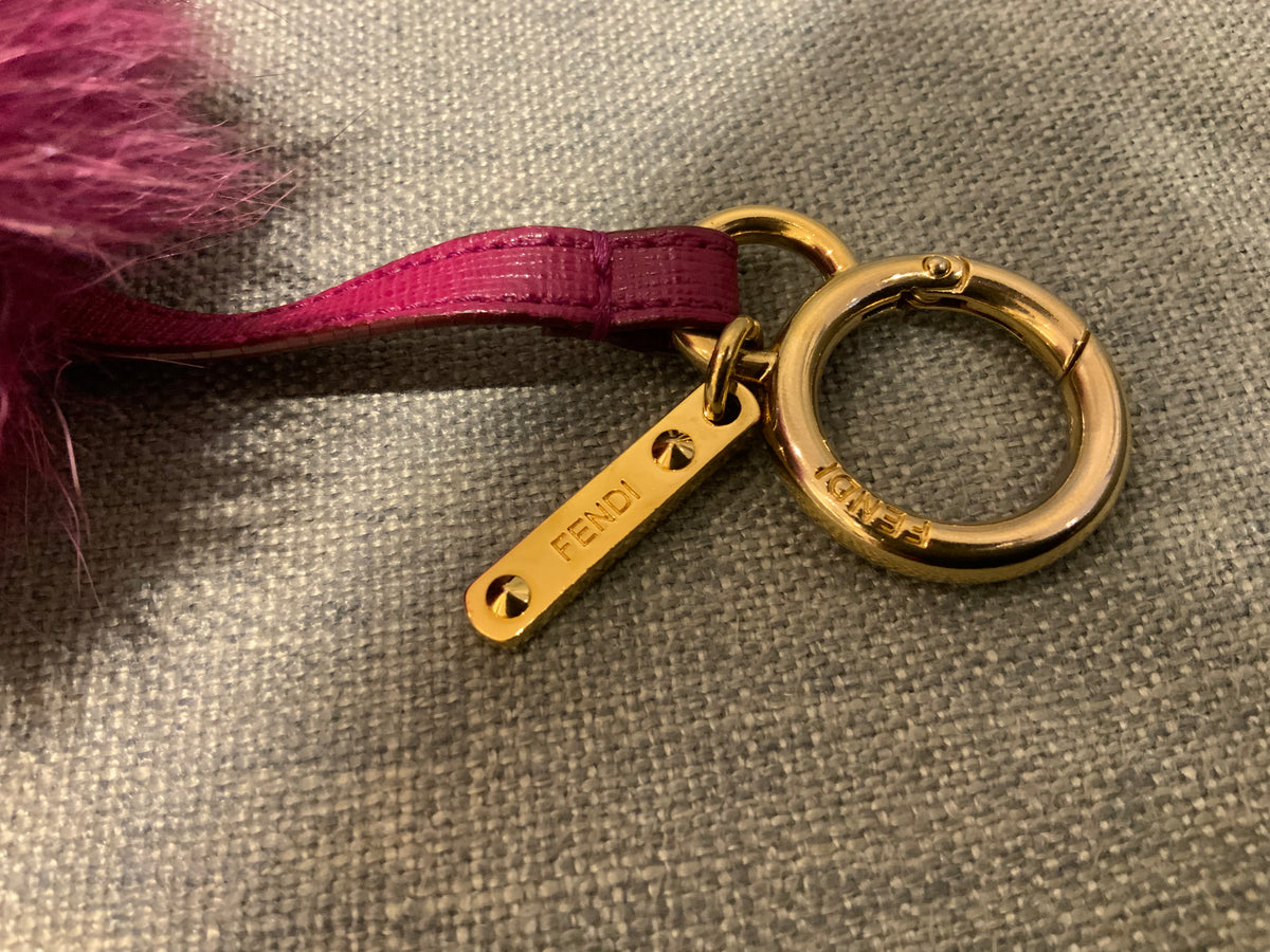 FENDI POM POM BAG CHARM MAGENTA FOX FUR, GOLD HARDWARE KEY RING ladies