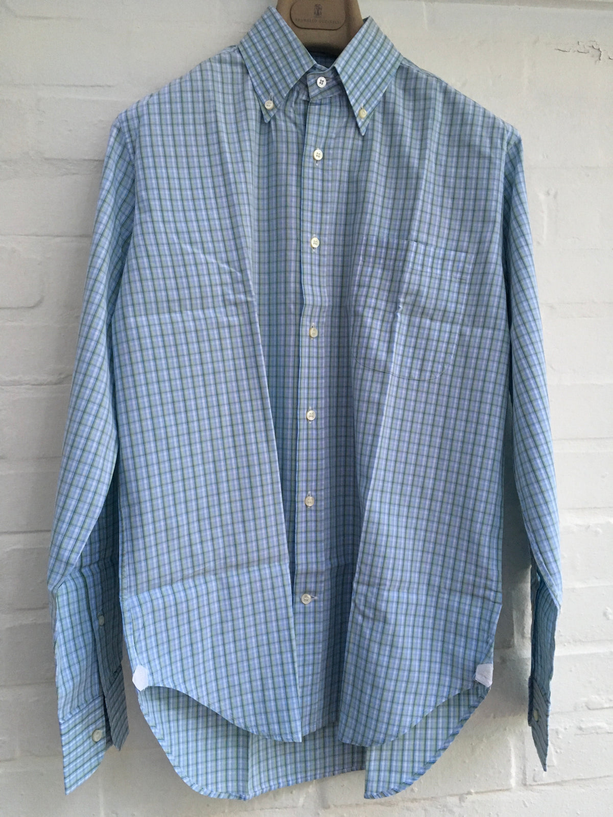 LORO PIANA Green Blue White Plaid Check Cotton Dress SHIRT 15 1/2 “ 39 Men