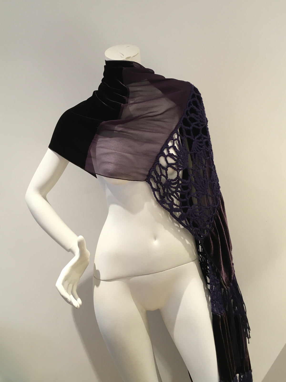 Giorgio Armani 1990's extra long velvet crochet and chiffon silk scarf shawl ladies