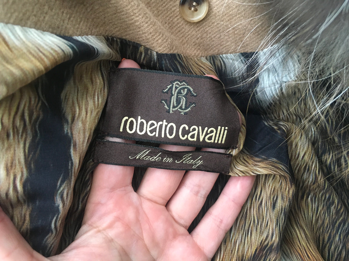Roberto Cavalli Runaway Beige Fur Trim Coat Size I 40 UK 8 US 4 S SMALL ladies
