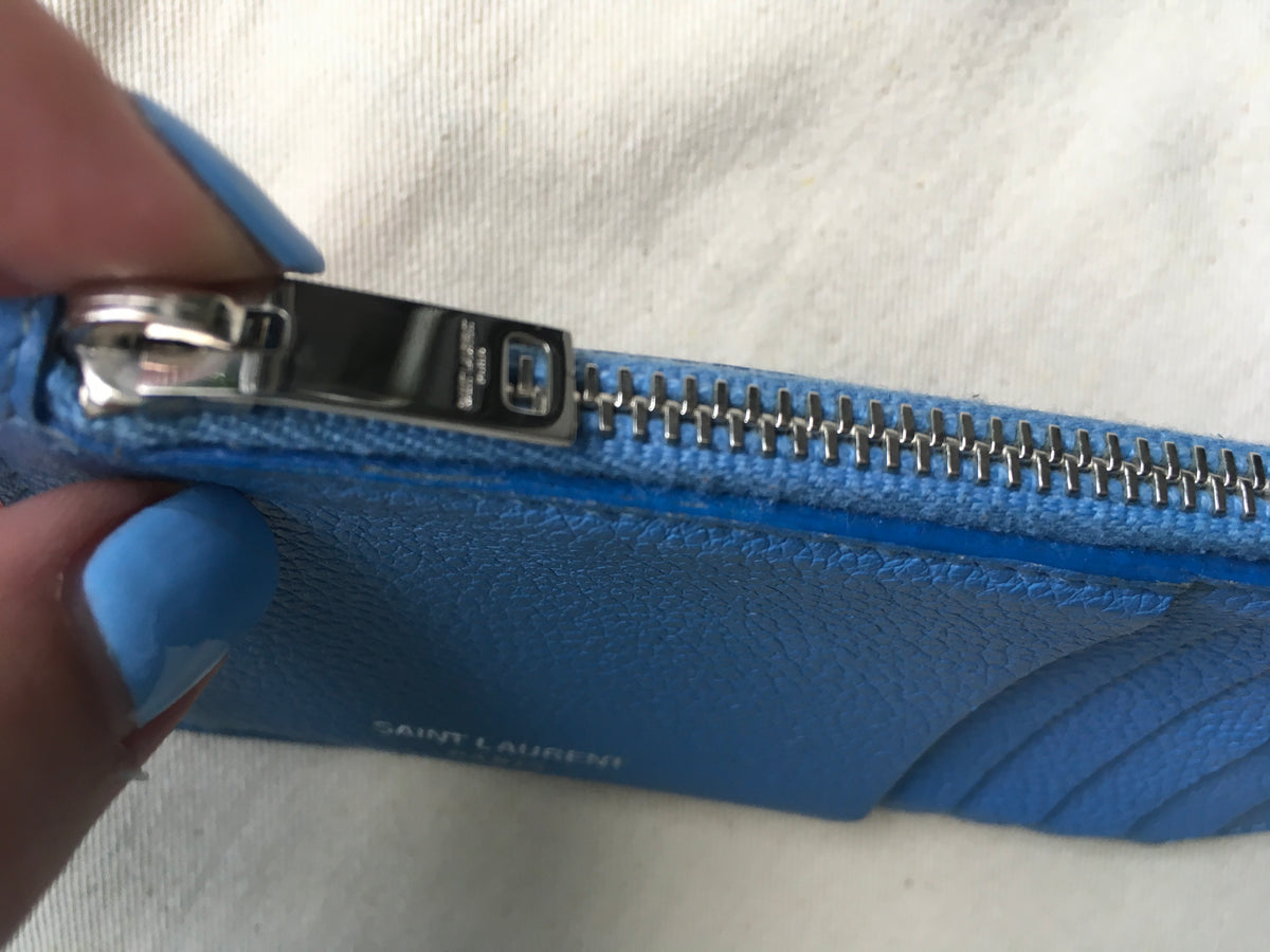 Saint Laurent YSL Women's Blue Leather Zippered Fragments Card Holder Ladies