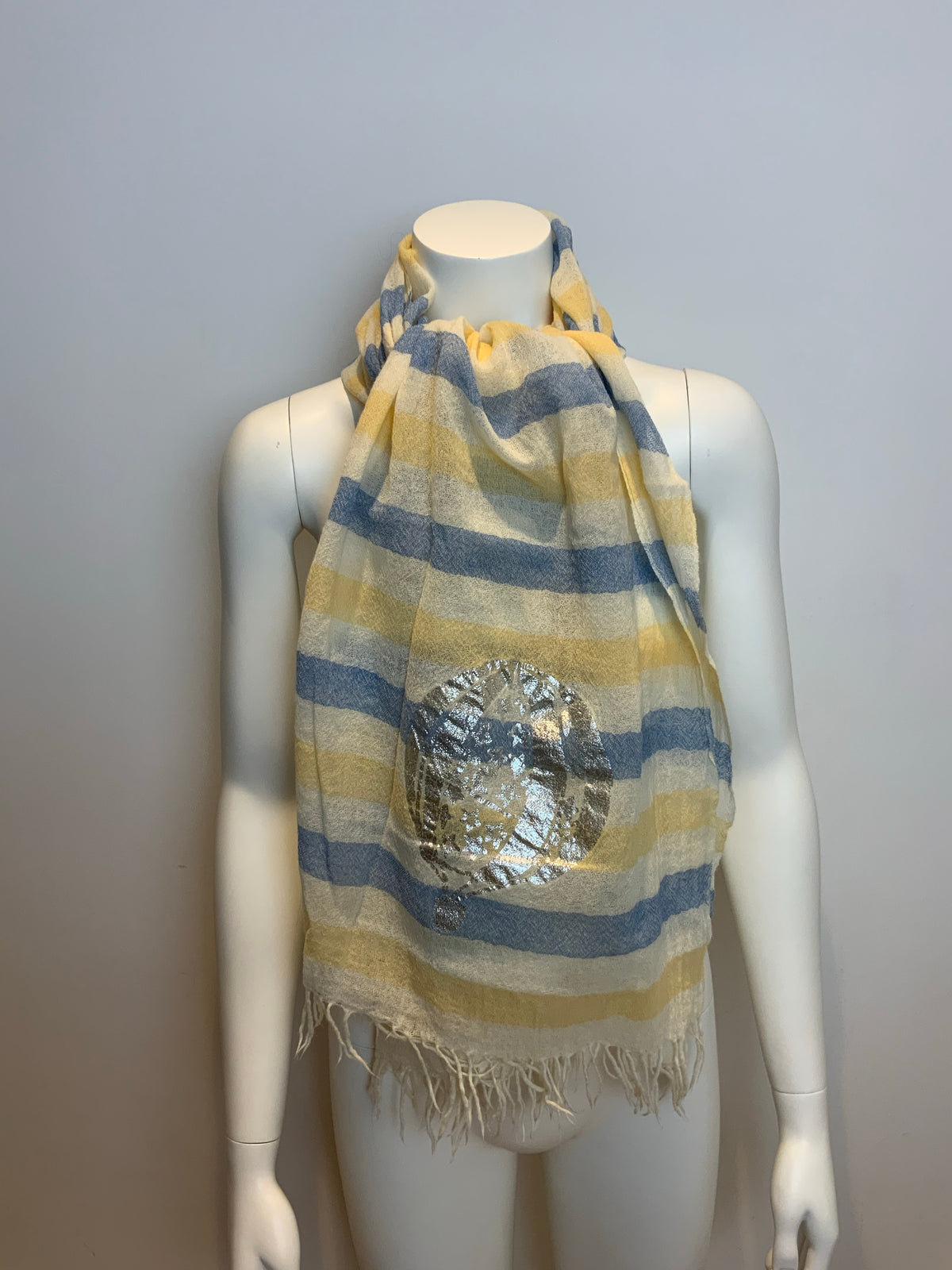 Tsumori Chisato Thin Knit Silver print scarf fringe trim scarf shawl AMAZING ladies